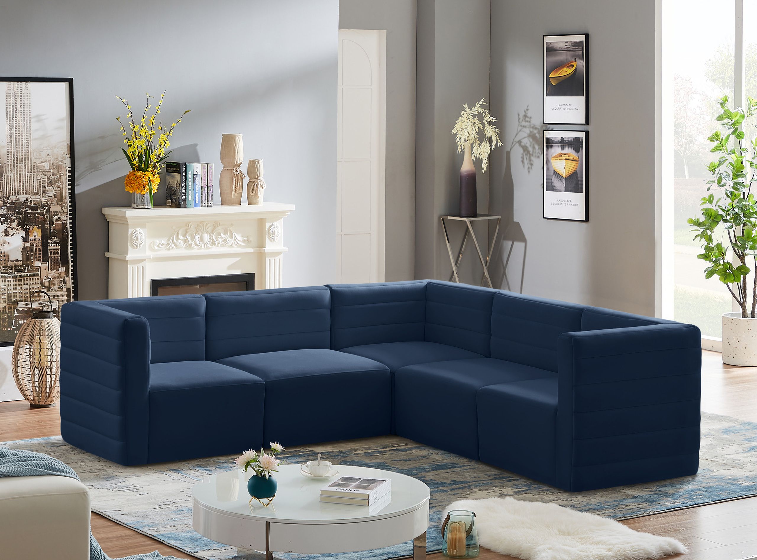 Quincy Velvet 5 Piece Modular Sectional In Navy