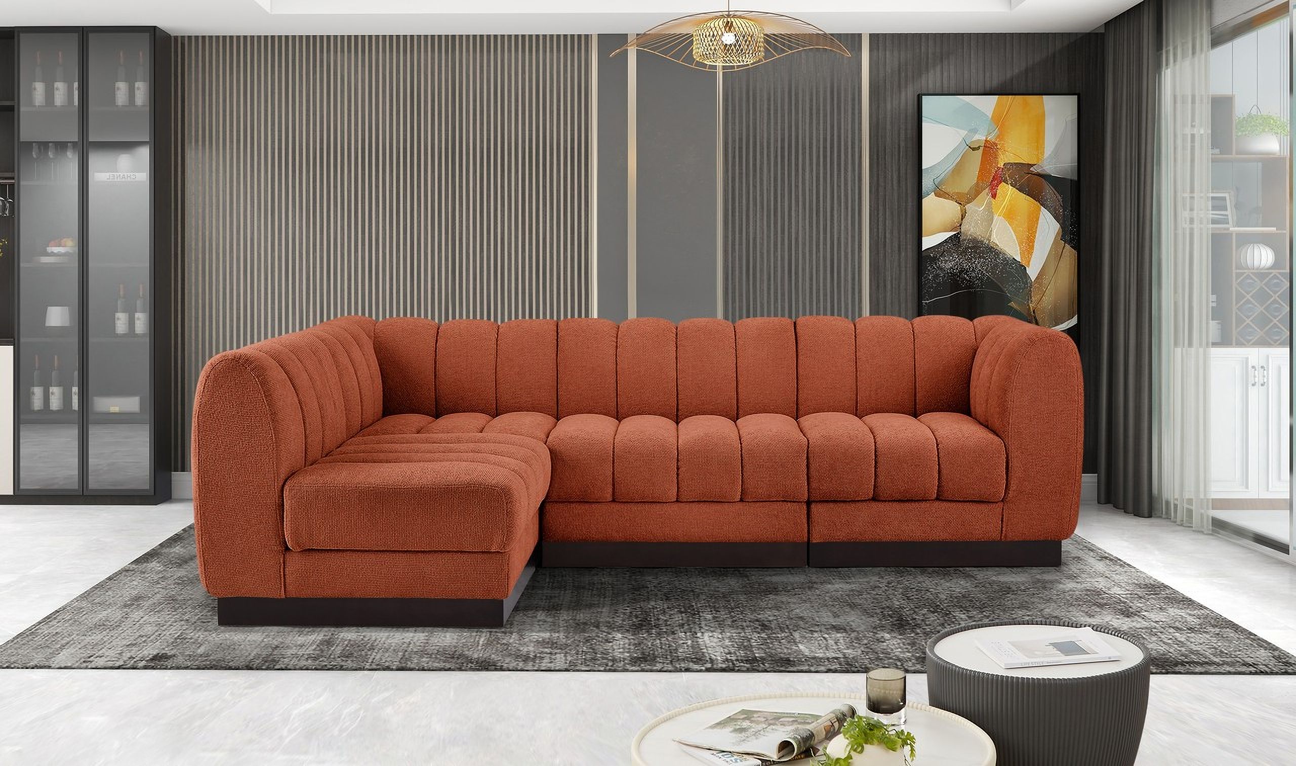The appearance of Quinn Chenille Fabric 4 Piece Modular Sectional In Cognac and Espresso designed by Meridian in the modern / contemporary interior design. This cognac piece of furniture was selected by 1StopBedrooms from Quinn Collection to add a touch of cosiness and style into your home. Sku: 124Cognac-Armless;124Cognac-Armless;124Cognac-Corner;124Cognac-Corner. Material: Chenille. Layout: Modular.