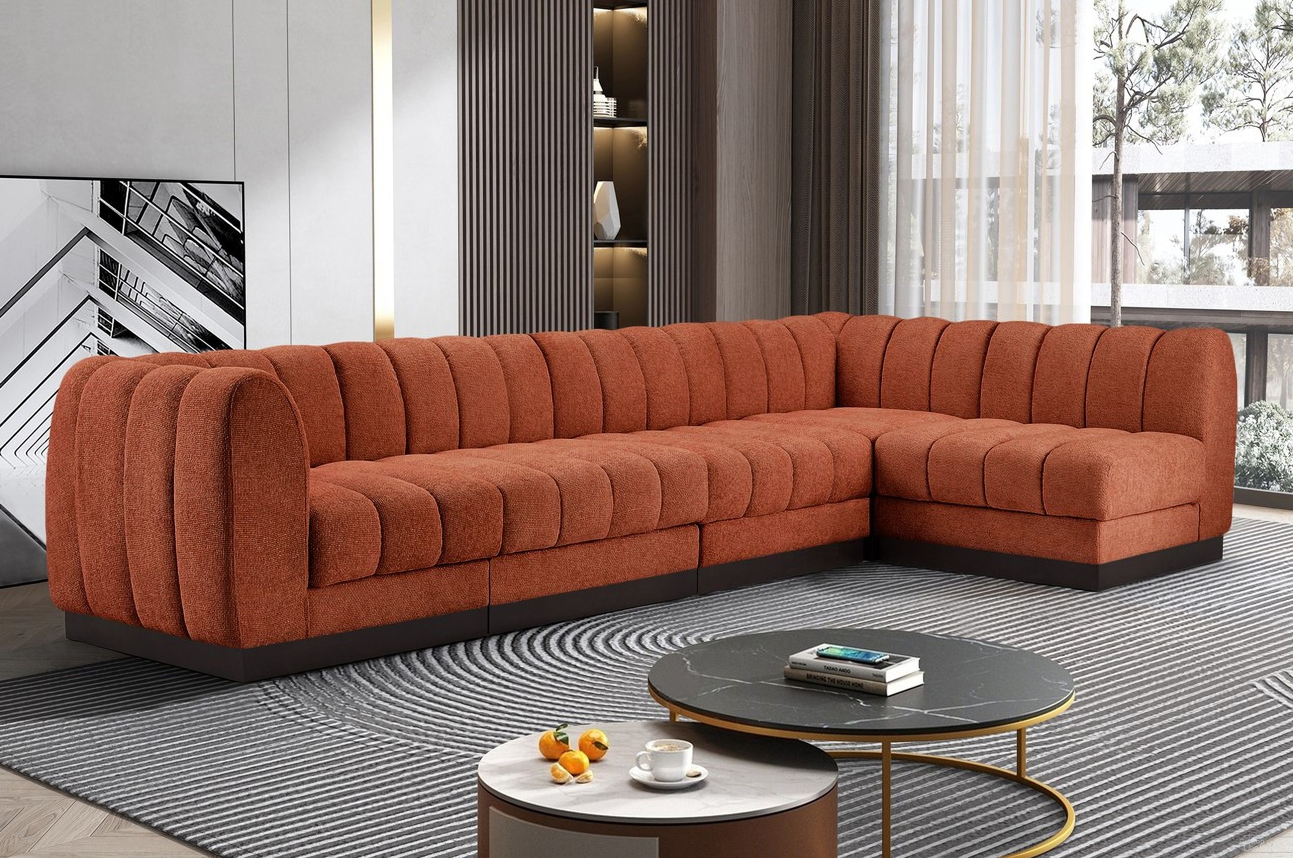 The appearance of Quinn Chenille Fabric 5 Piece Modular Sectional In Cognac designed by Meridian in the modern / contemporary interior design. This cognac piece of furniture was selected by 1StopBedrooms from Quinn Collection to add a touch of cosiness and style into your home. Sku: 124Cognac-Armless;124Cognac-Armless;124Cognac-Armless;124Cognac-Corner;124Cognac-Corner. Material: Chenille. Layout: Modular.