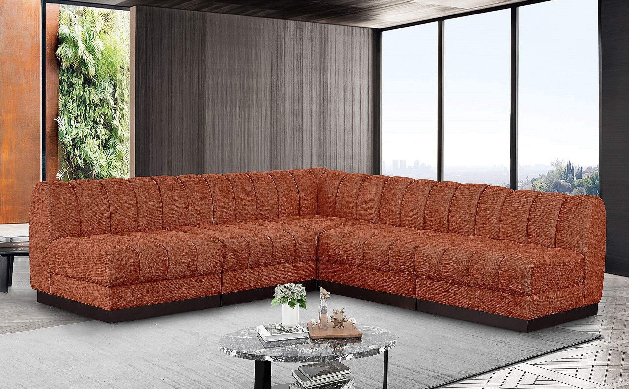 Quinn Chenille Fabric 5 Piece Modular Sectional In Cognac