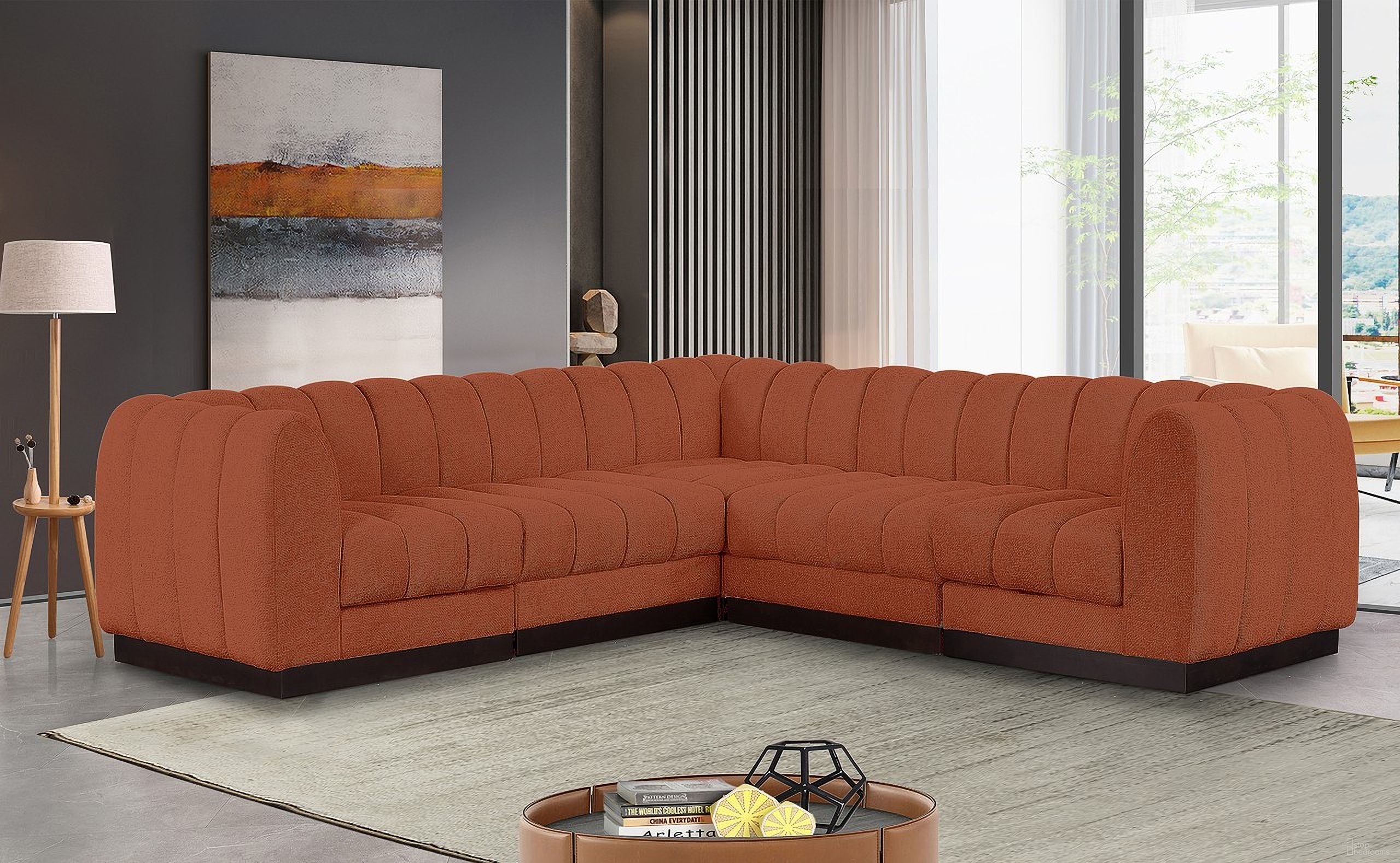The appearance of Quinn Chenille Fabric 5 Piece Modular Sectional In Cognac designed by Meridian in the modern / contemporary interior design. This cognac piece of furniture was selected by 1StopBedrooms from Quinn Collection to add a touch of cosiness and style into your home. Sku: 124Cognac-Armless;124Cognac-Armless;124Cognac-Corner;124Cognac-Corner;124Cognac-Corner. Material: Chenille. Layout: Modular.