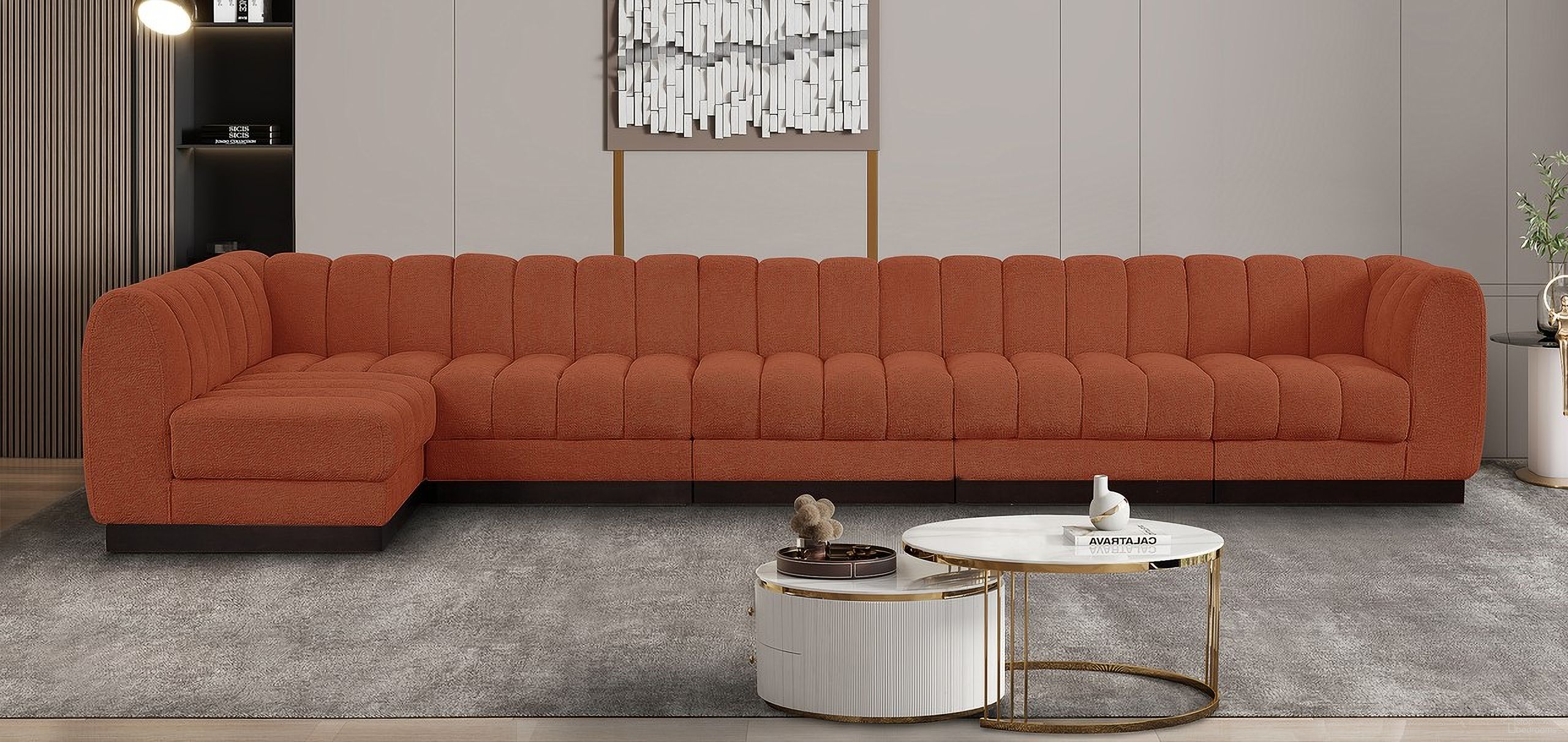 Quinn Chenille Fabric 6 Piece Modular Sectional In Cognac