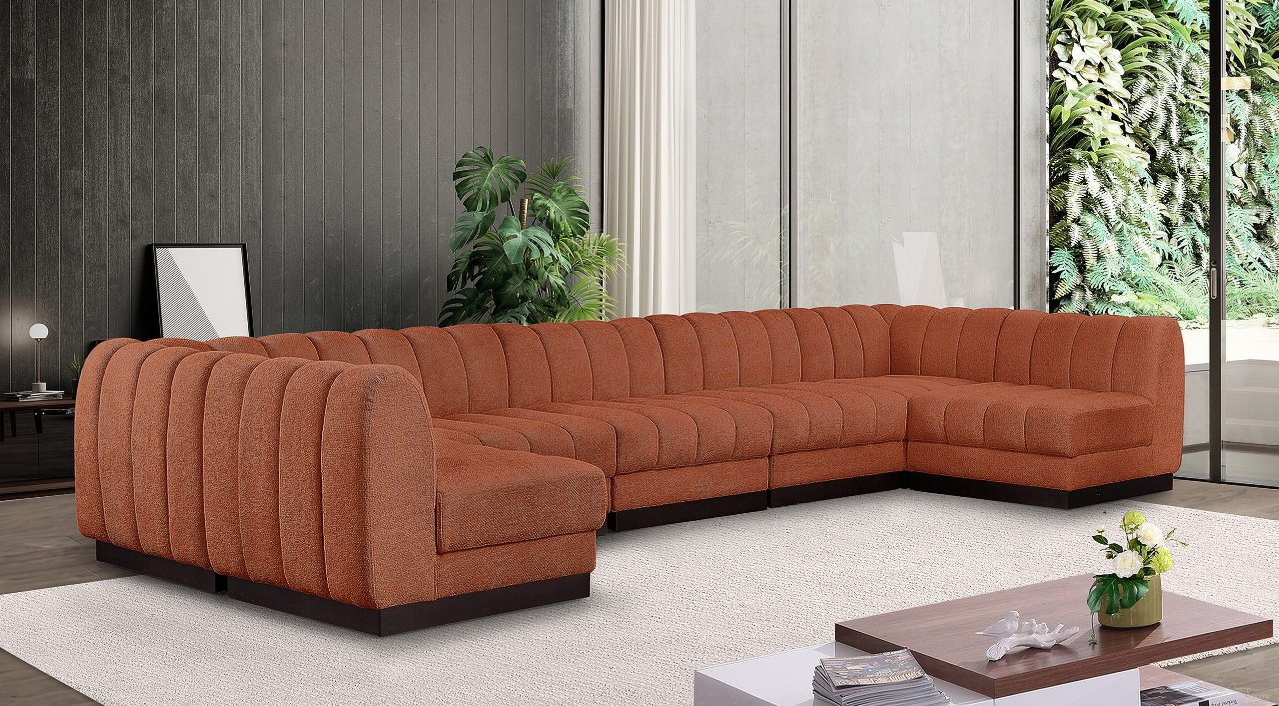 Quinn Chenille Fabric 7 Piece Modular Sectional In Cognac