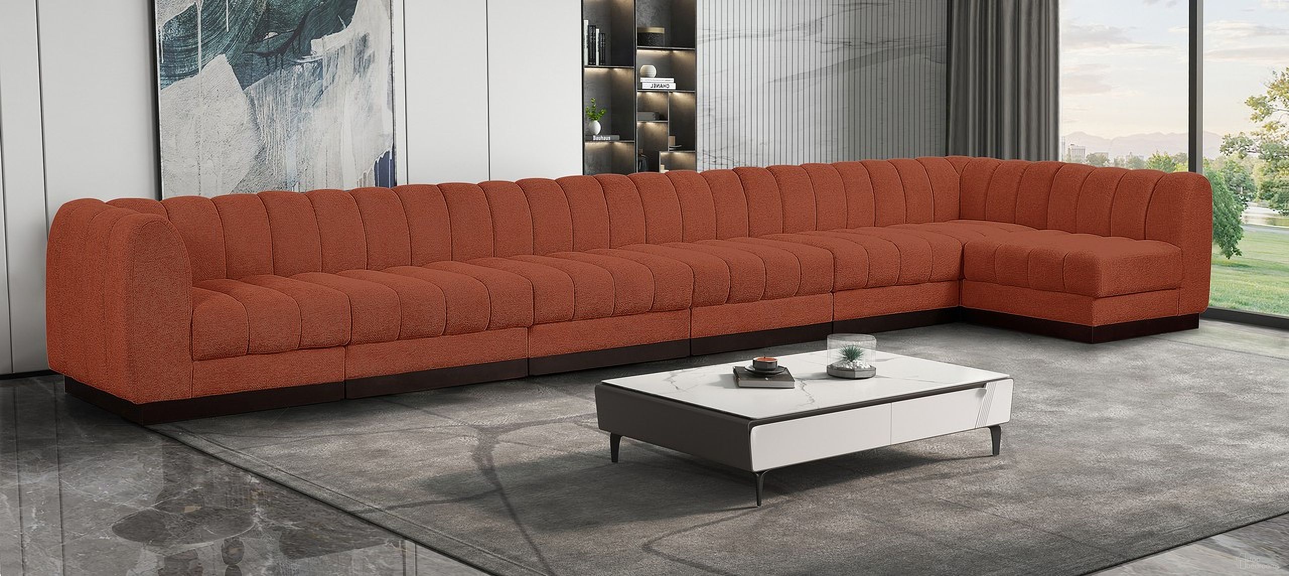 Quinn Chenille Fabric 7 Piece Modular Sectional In Cognac