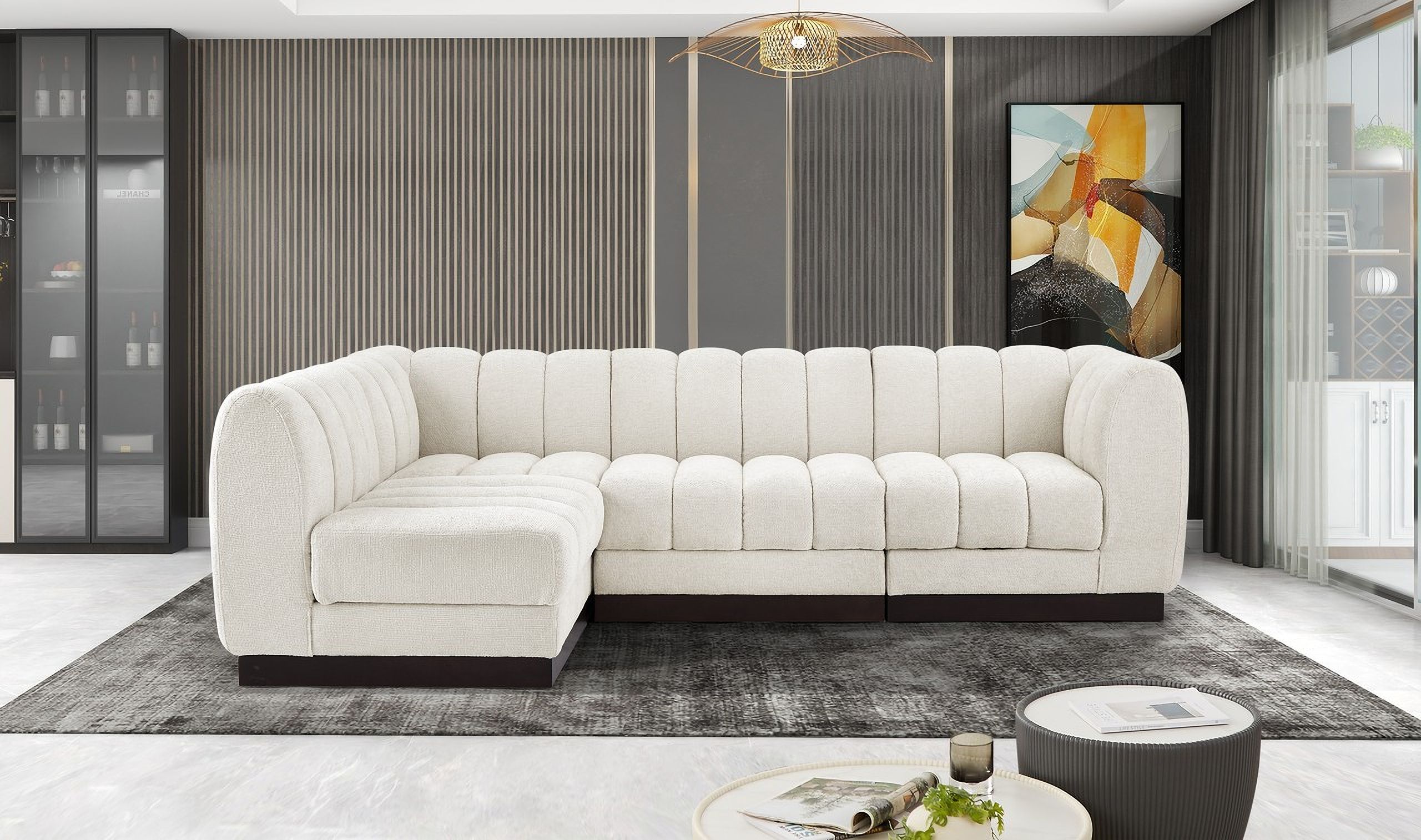 The appearance of Quinn Chenille Fabric 4 Piece Modular Sectional In Cream and Espresso designed by Meridian in the modern / contemporary interior design. This cream piece of furniture  was selected by 1StopBedrooms from Quinn Collection to add a touch of cosiness and style into your home. Sku: 124Cream-Armless;124Cream-Armless;124Cream-Corner;124Cream-Corner. Material: Chenille. Layout: Modular.