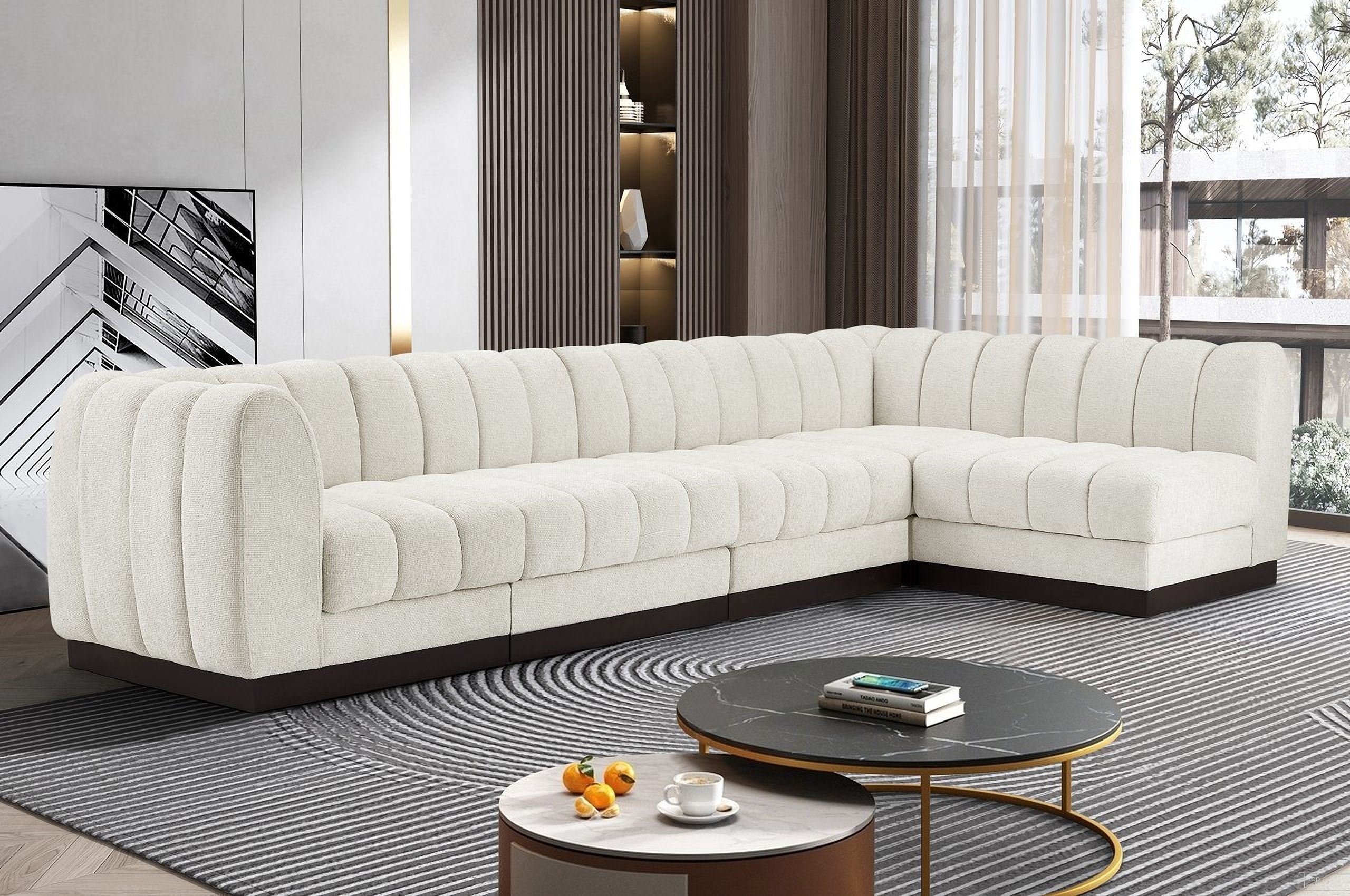 Quinn Chenille Fabric 5 Piece Modular Sectional In Cream