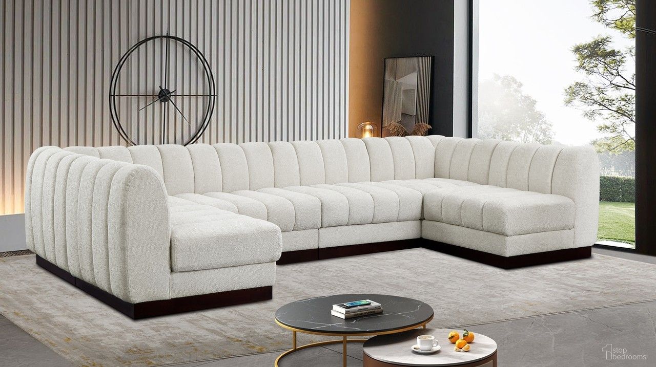The appearance of Quinn Chenille Fabric 6 Piece Modular Sectional In Cream designed by Meridian in the modern / contemporary interior design. This cream piece of furniture was selected by 1StopBedrooms from Quinn Collection to add a touch of cosiness and style into your home. Sku: 124Cream-Armless;124Cream-Armless;124Cream-Armless;124Cream-Armless;124Cream-Corner;124Cream-Corner. Material: Chenille. Layout: Modular.