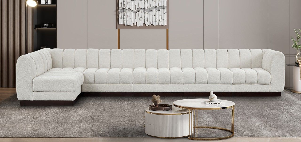 The appearance of Quinn Chenille Fabric 6 Piece Modular Sectional In Cream designed by Meridian in the modern / contemporary interior design. This cream piece of furniture was selected by 1StopBedrooms from Quinn Collection to add a touch of cosiness and style into your home. Sku: 124Cream-Armless;124Cream-Armless;124Cream-Armless;124Cream-Armless;124Cream-Corner;124Cream-Corner. Material: Chenille. Layout: Modular.
