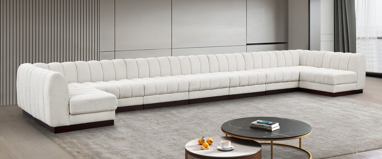 The appearance of Quinn Chenille Fabric 9 Piece Modular Sectional In Cream and Espresso designed by Meridian in the modern / contemporary interior design. This cream piece of furniture was selected by 1StopBedrooms from Quinn Collection to add a touch of cosiness and style into your home. Sku: 124Cream-Armless;124Cream-Armless;124Cream-Armless;124Cream-Armless;124Cream-Armless;124Cream-Armless;124Cream-Armless;124Cream-Corner;124Cream-Corner. Material: Chenille. Layout: Modular.