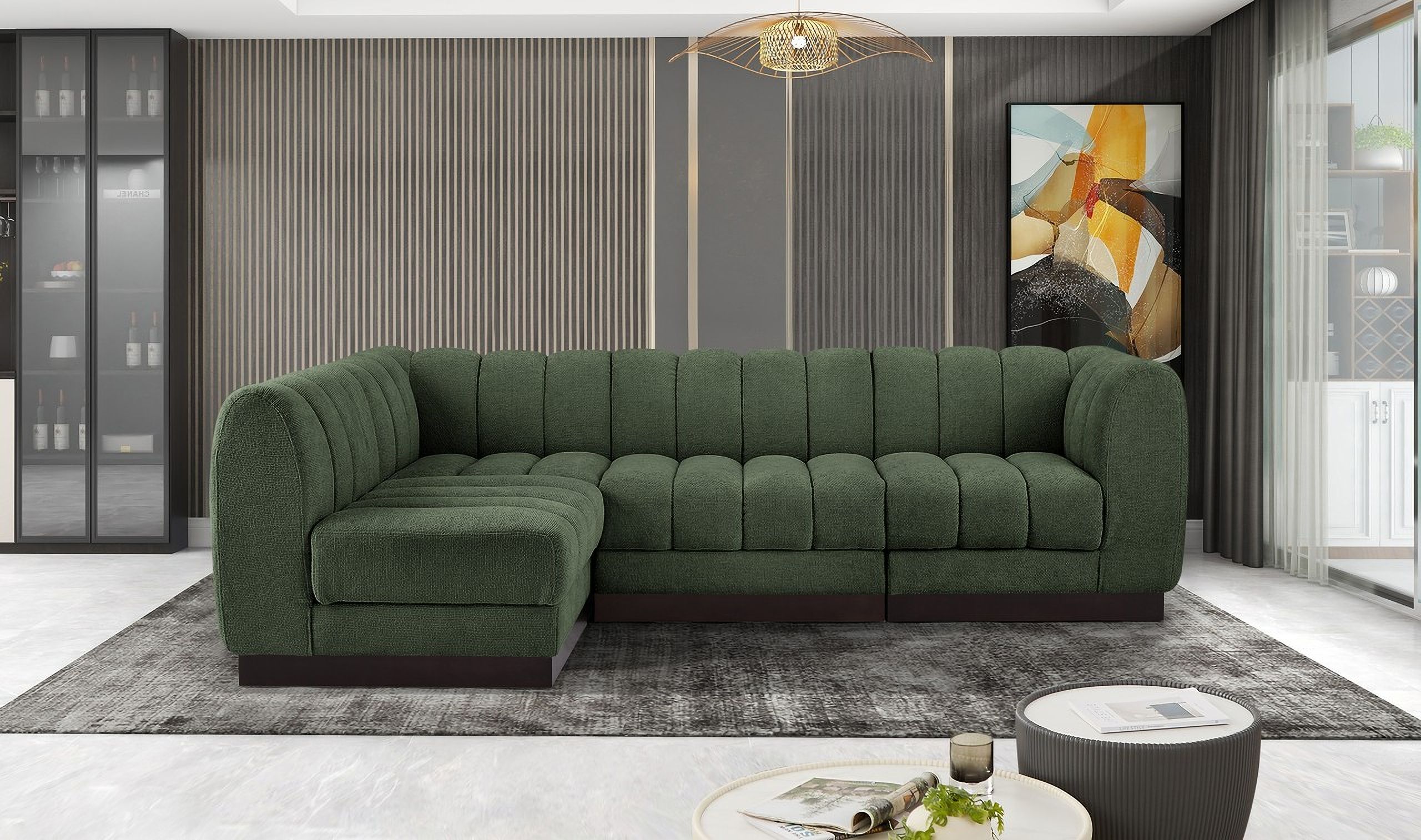 The appearance of Quinn Chenille Fabric 4 Piece Modular Sectional In Green and Espresso designed by Meridian in the modern / contemporary interior design. This green piece of furniture  was selected by 1StopBedrooms from Quinn Collection to add a touch of cosiness and style into your home. Sku: 124Green-Armless;124Green-Armless;124Green-Corner;124Green-Corner. Material: Chenille. Layout: Modular.