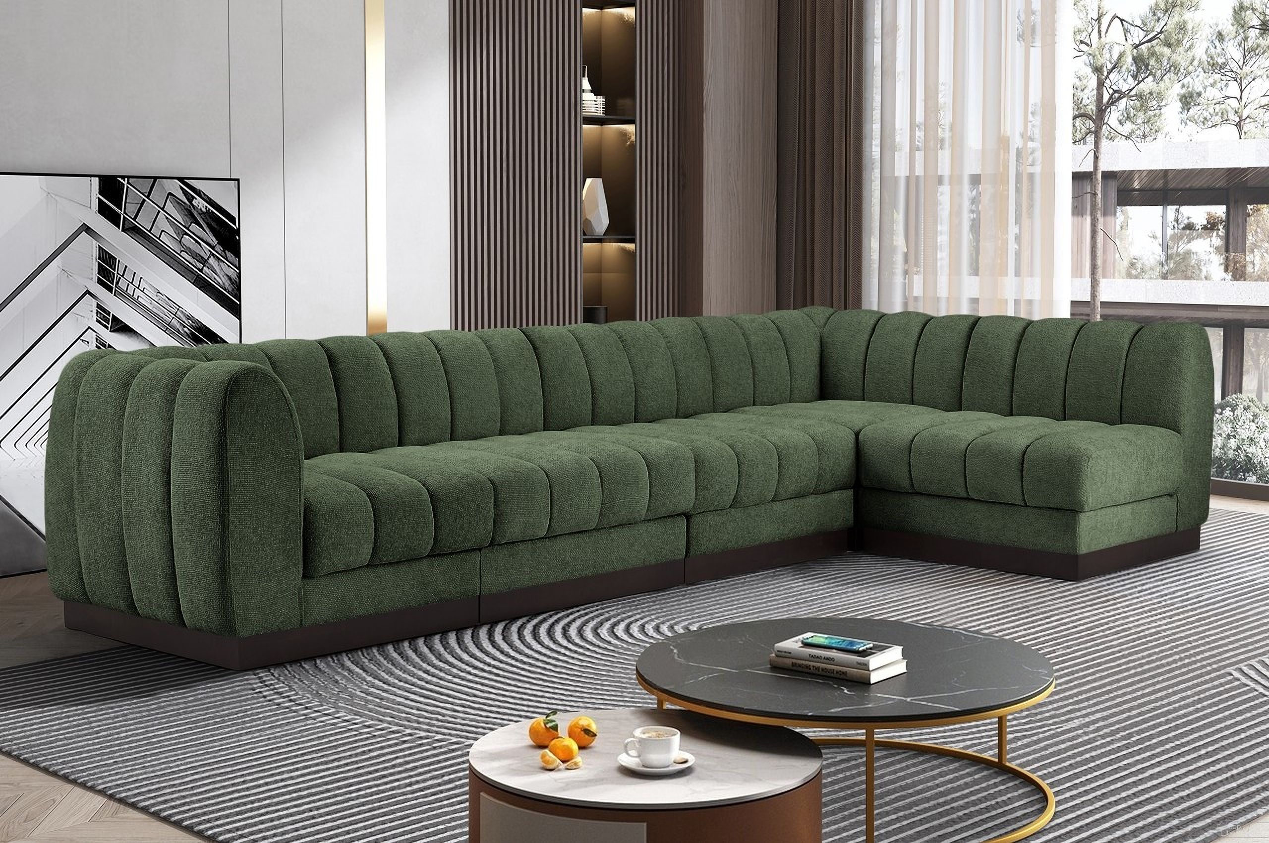 The appearance of Quinn Chenille Fabric 5 Piece Modular Sectional In Green designed by Meridian in the modern / contemporary interior design. This green piece of furniture  was selected by 1StopBedrooms from Quinn Collection to add a touch of cosiness and style into your home. Sku: 124Green-Armless;124Green-Armless;124Green-Armless;124Green-Corner;124Green-Corner. Material: Chenille. Layout: Modular.
