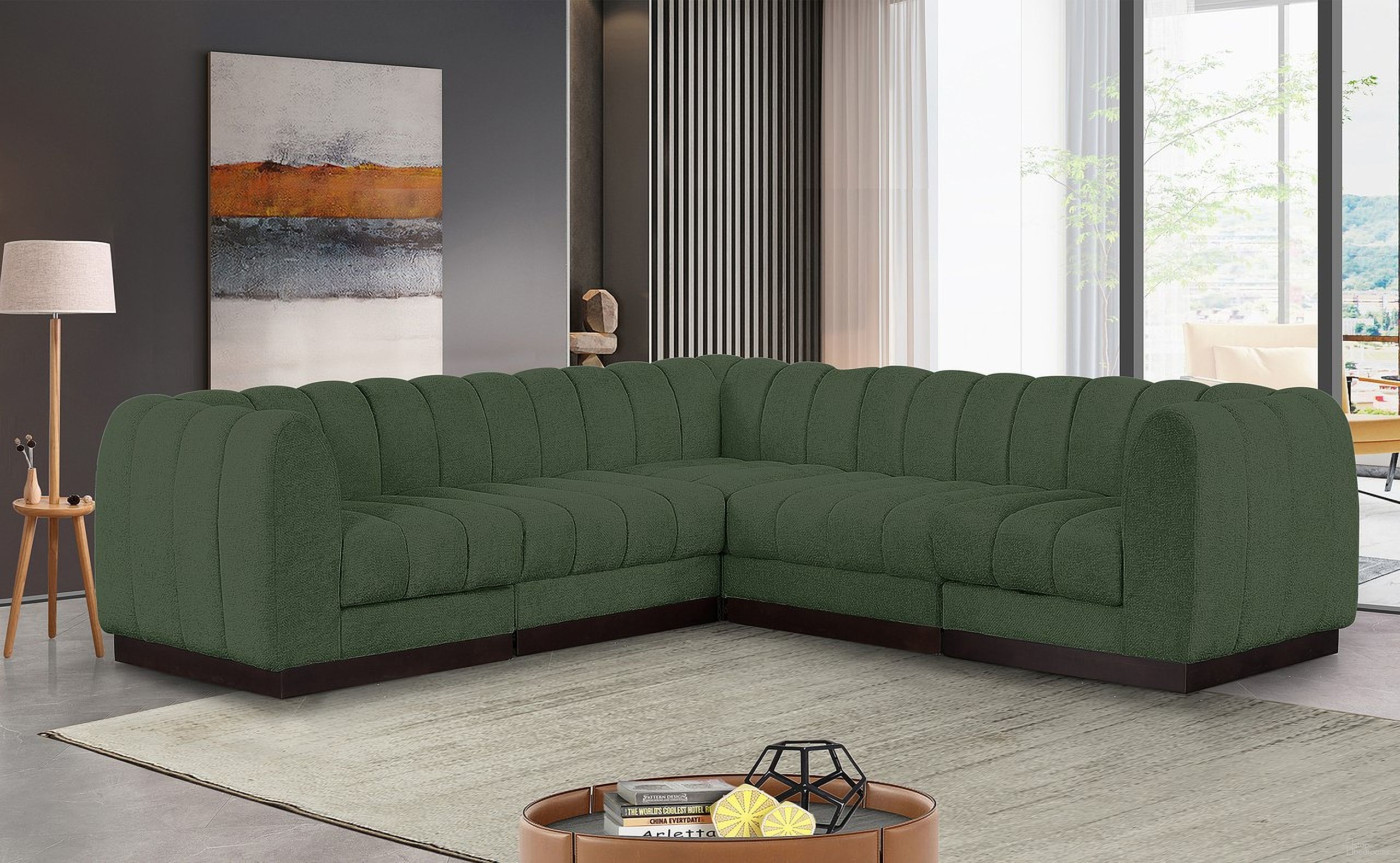 Quinn Chenille Fabric 5 Piece Modular Sectional In Green