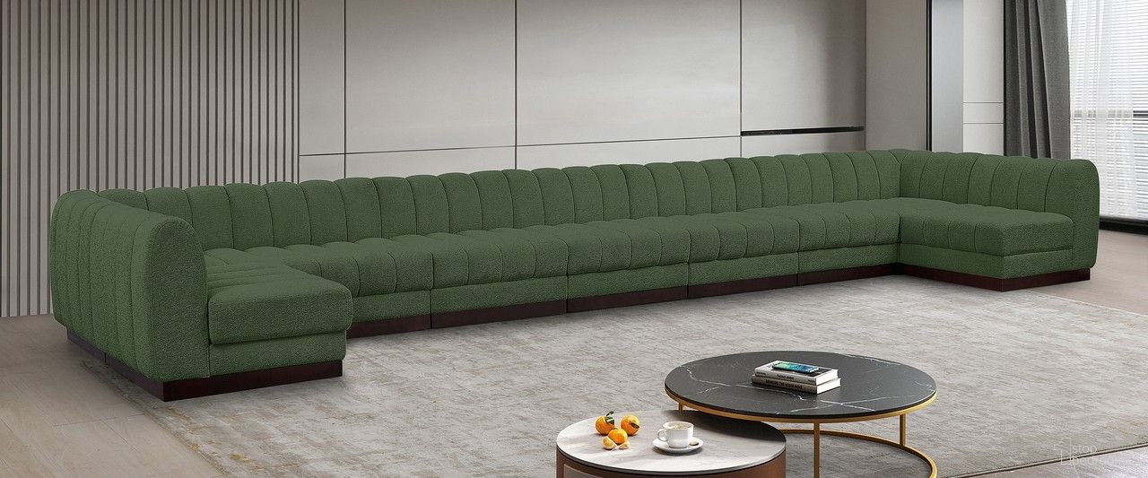 Quinn Chenille Fabric 9 Piece Modular Sectional In Green and Espresso