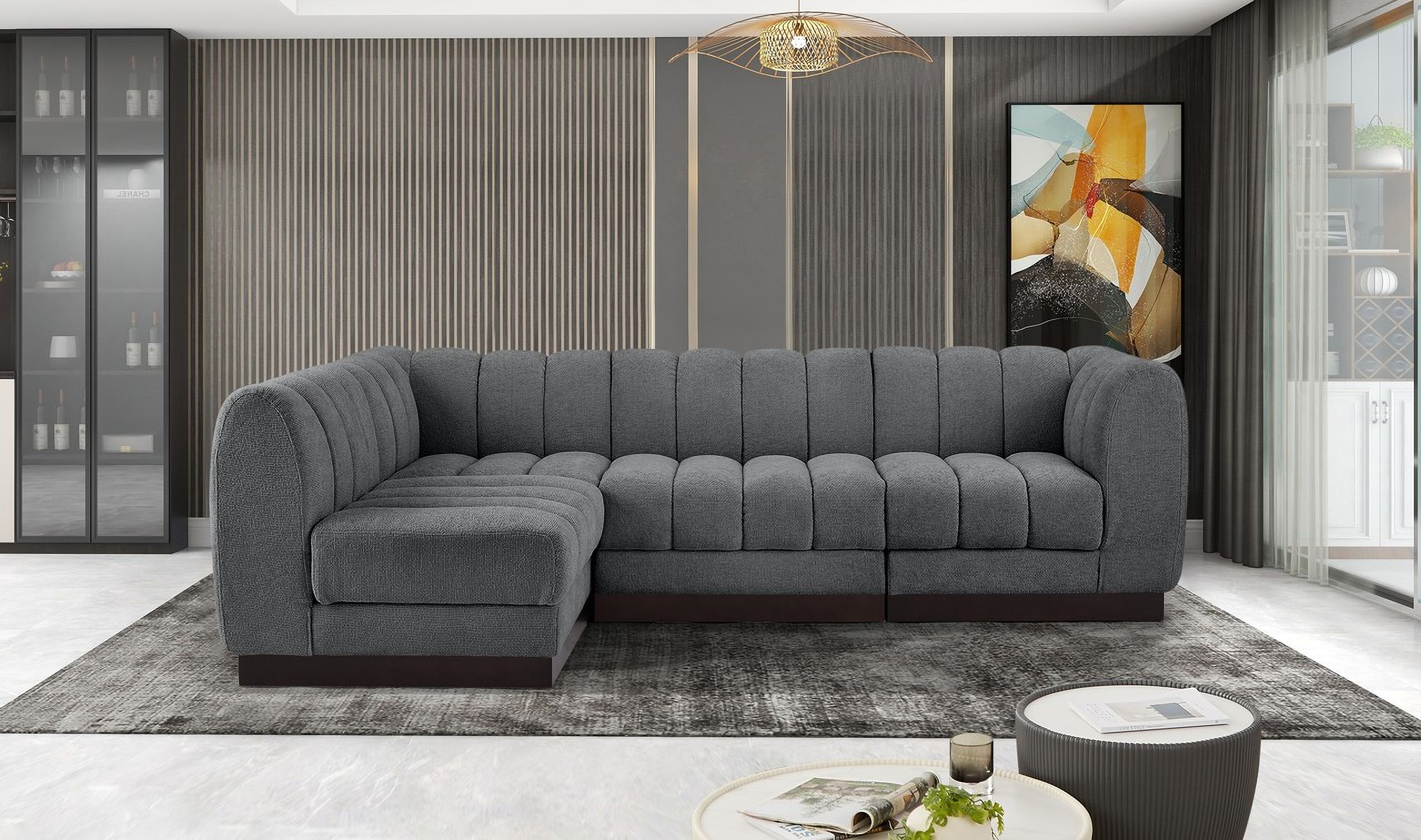 Quinn Chenille Fabric 4 Piece Modular Sectional In Grey and Espresso