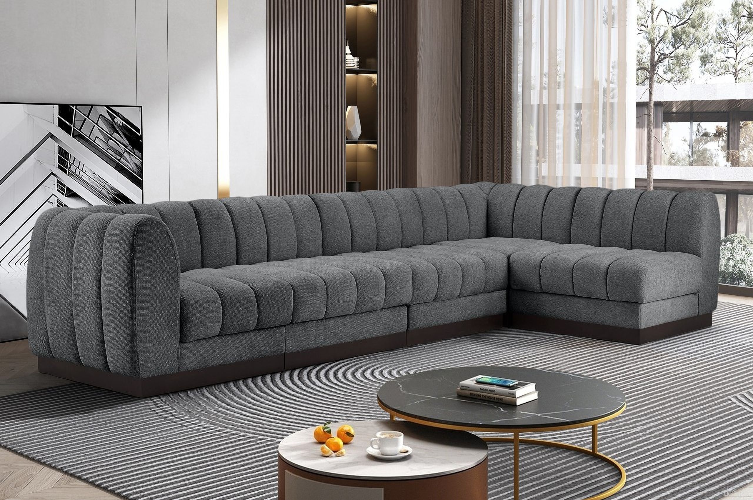 Quinn Chenille Fabric 5 Piece Modular Sectional In Grey