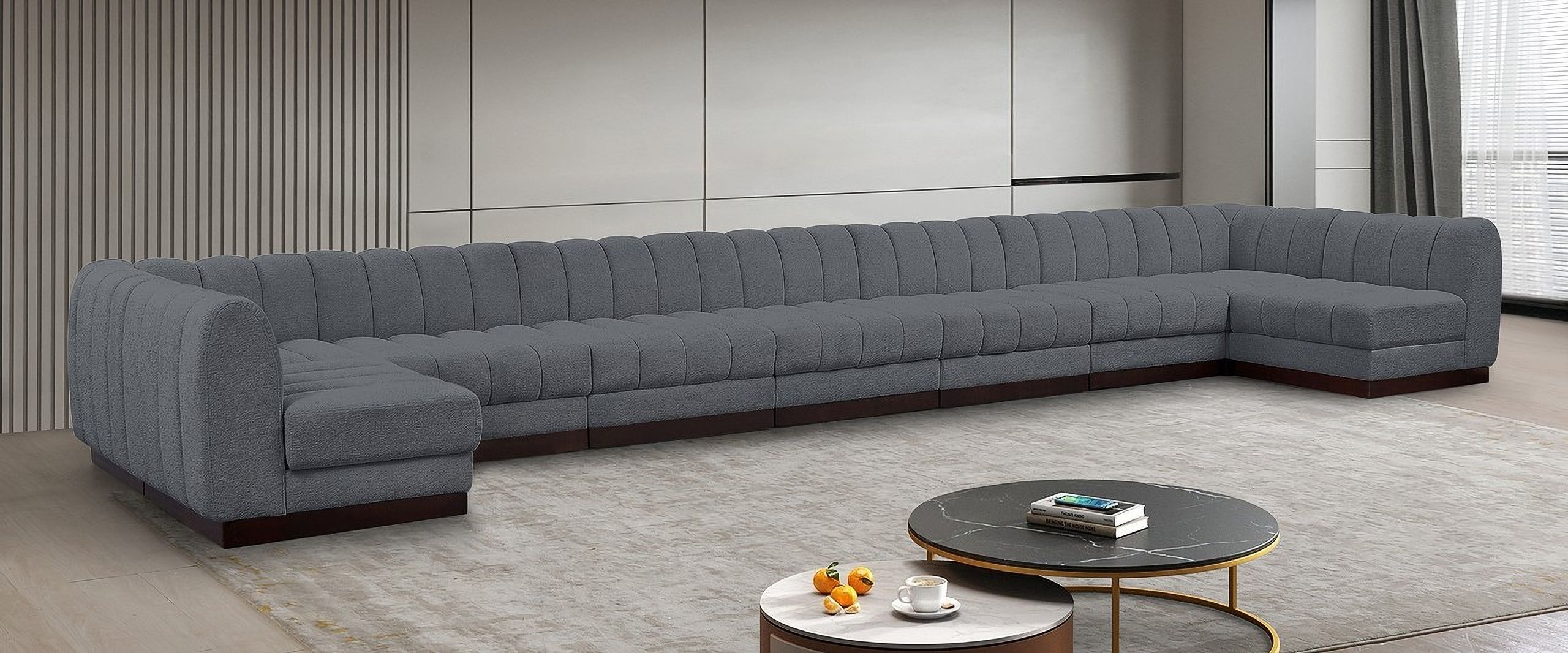 Quinn Chenille Fabric 9 Piece Modular Sectional In Grey and Espresso