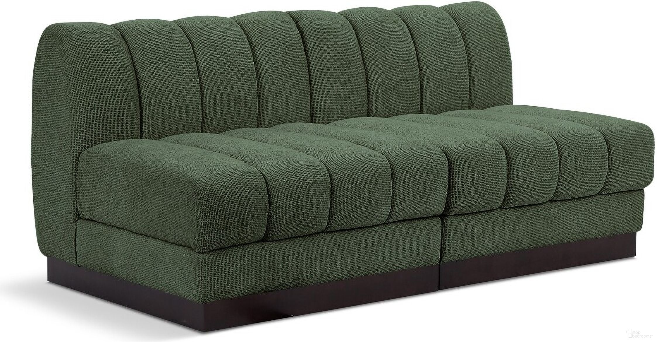 The appearance of Quinn Chenille Fabric 2 Seater Modular Sofa In Green designed by Meridian in the modern / contemporary interior design. This green piece of furniture  was selected by 1StopBedrooms from Quinn Collection to add a touch of cosiness and style into your home. Sku: 124Green-Armless;124Green-Armless. Material: Rubberwood.