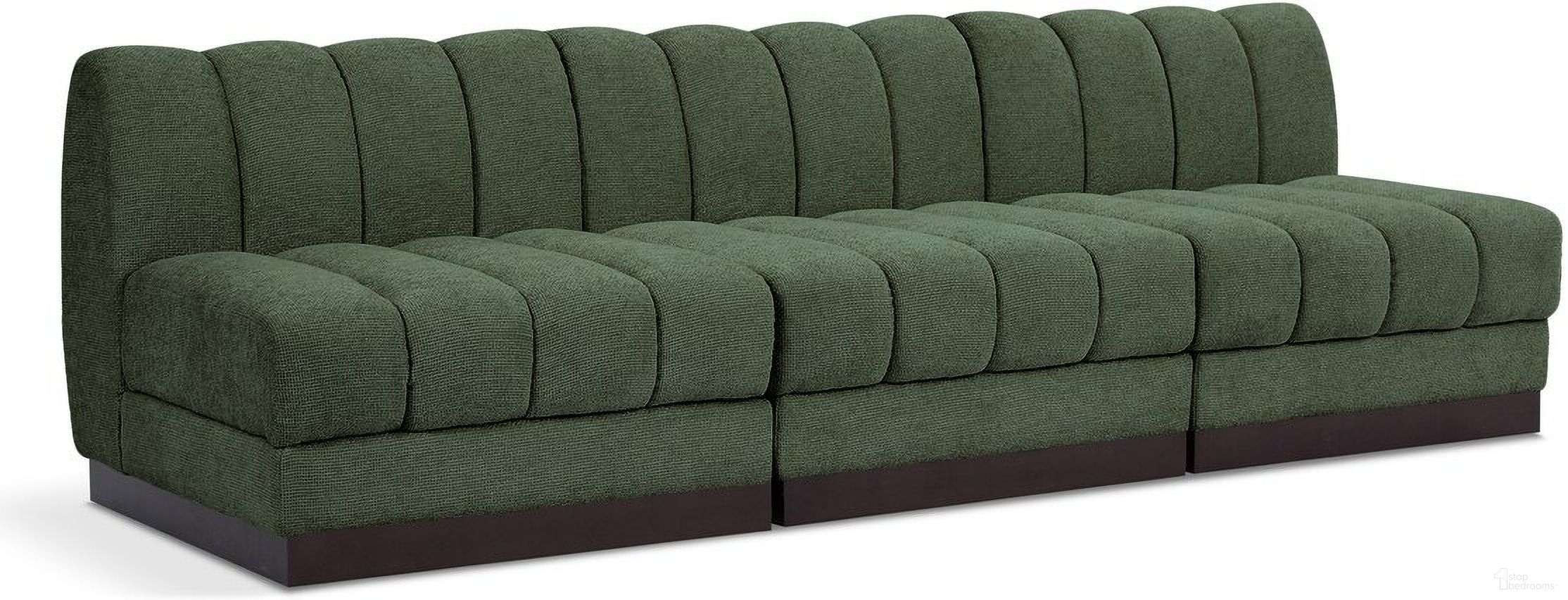 The appearance of Quinn Chenille Fabric 3 Seater Modular Sofa In Green designed by Meridian in the modern / contemporary interior design. This green piece of furniture  was selected by 1StopBedrooms from Quinn Collection to add a touch of cosiness and style into your home. Sku: 124Green-Armless;124Green-Armless;124Green-Armless. Material: Rubberwood.