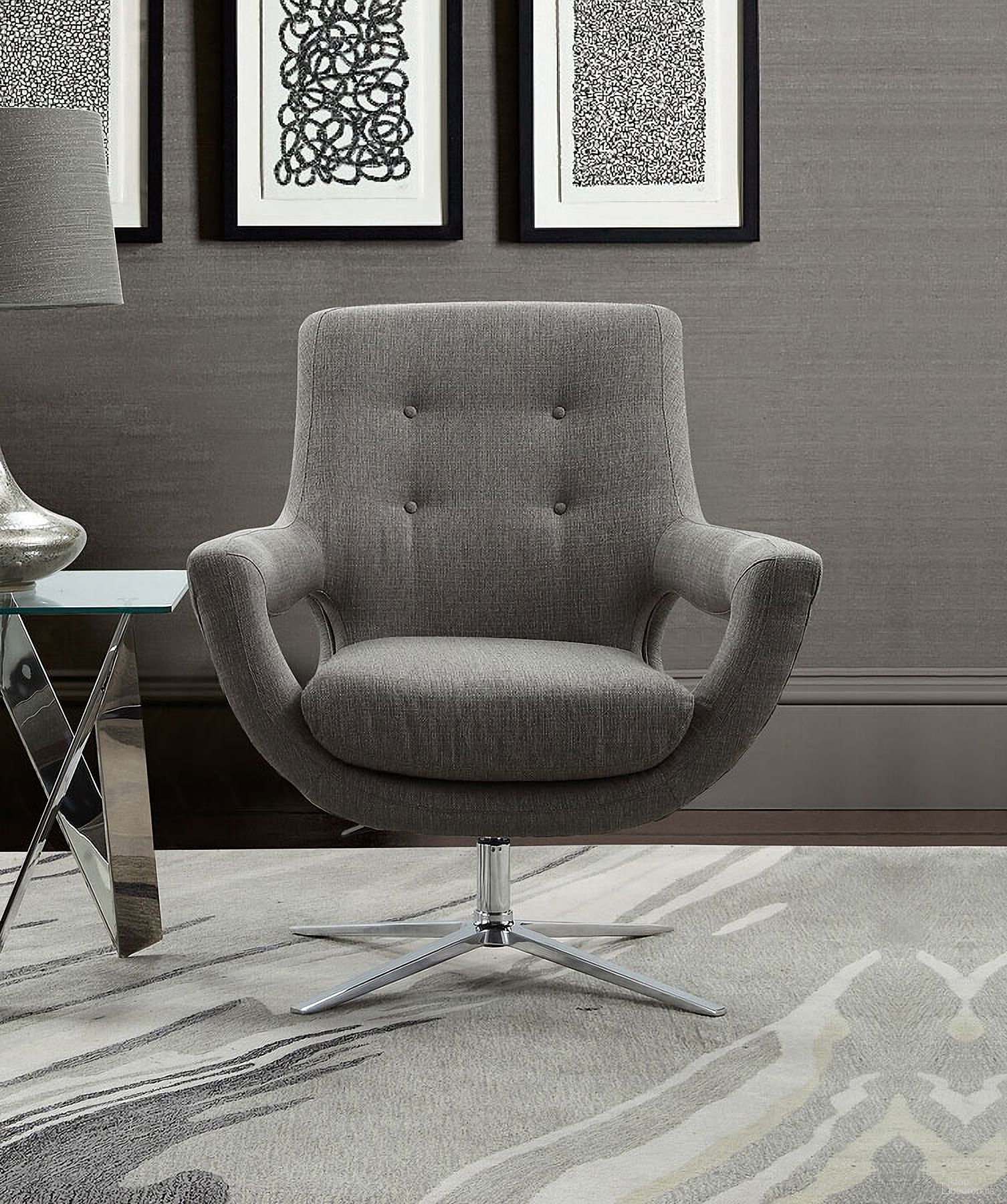 The appearance of Quinn Grey Adjustable Swivel Accent Chair designed by Armen Living in the modern / contemporary interior design. This grey piece of furniture  was selected by 1StopBedrooms from Quinn Collection to add a touch of cosiness and style into your home. Sku: LCQUCHGR. Material: Fabric.