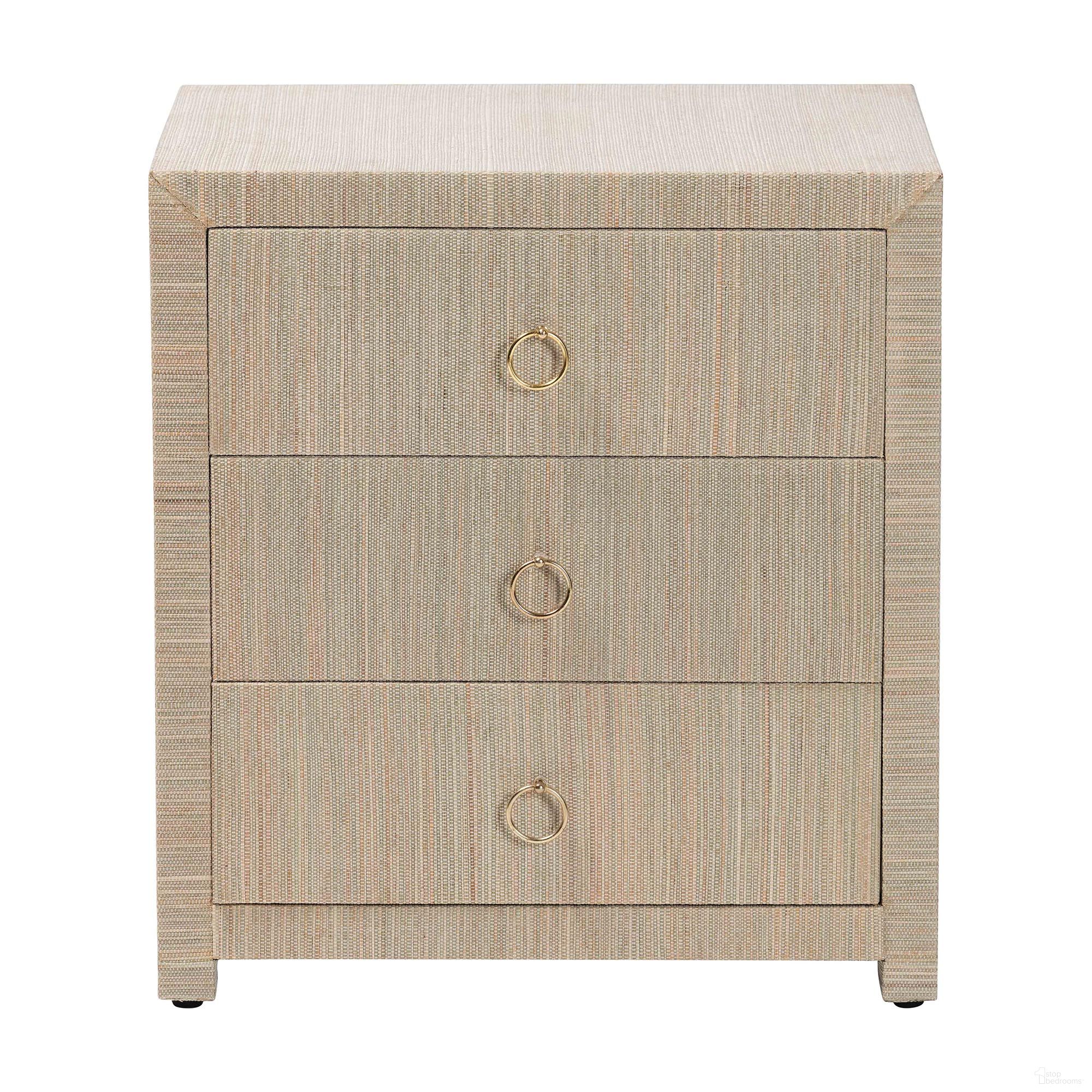 Quinn Woven Grasscloth 3-Drawer Nightstand In Natural and Gold