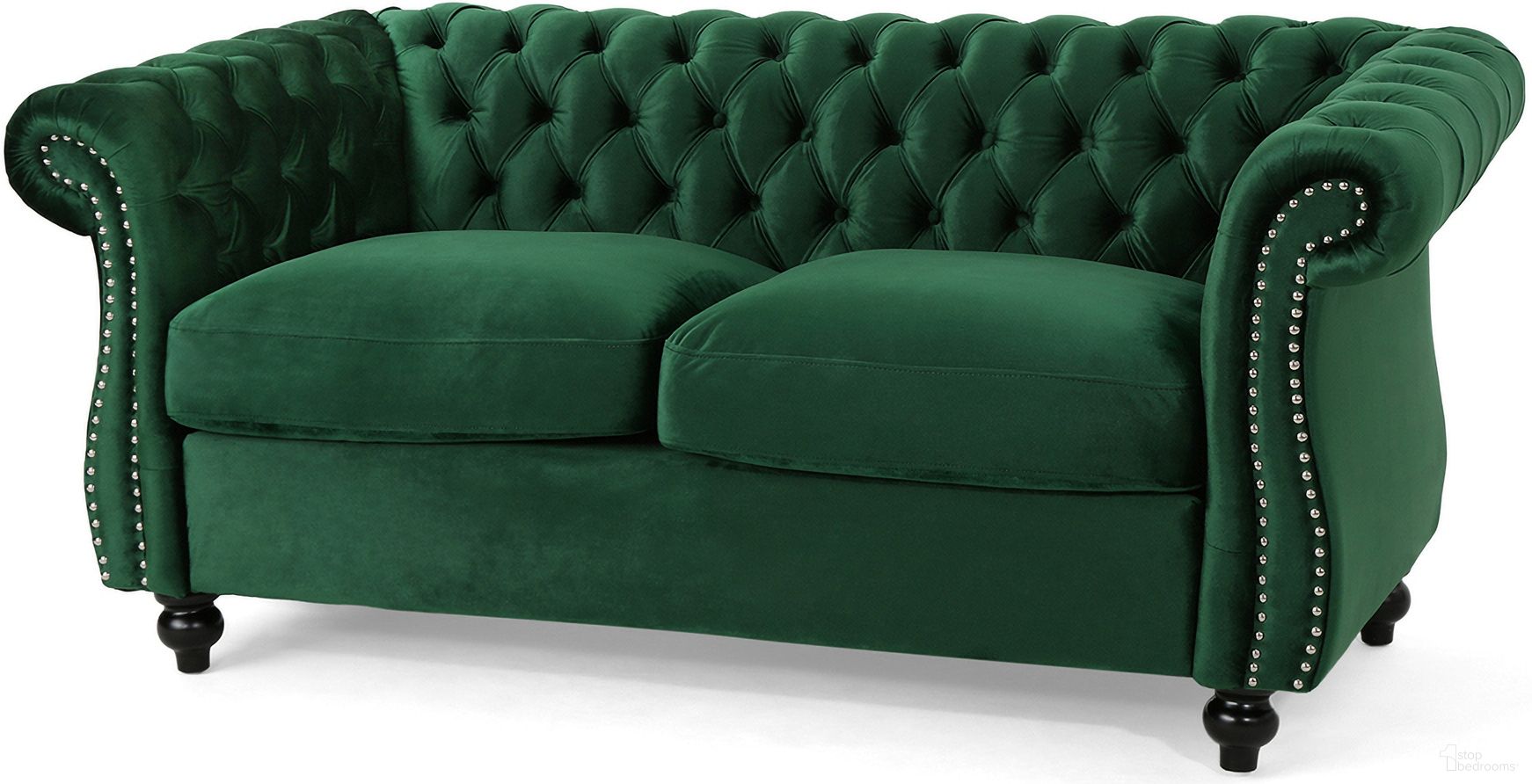 The appearance of Quixotic Chesterfield Tufted Loveseat with Scroll Arms and Turned Legs In Emerald designed by Noble House in the traditional interior design. This emerald piece of furniture was selected by 1StopBedrooms from Quixotic Collection to add a touch of cosiness and style into your home. Sku: 63045.00NVLTEMD. Material: Velvet.