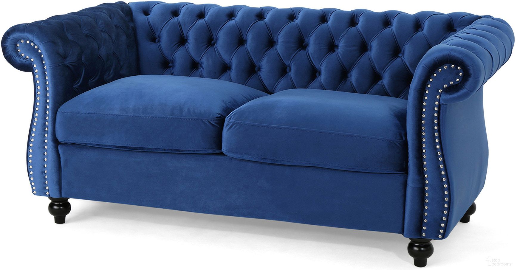 The appearance of Quixotic Chesterfield Tufted Loveseat with Scroll Arms and Turned Legs In Navy Blue designed by Noble House in the traditional interior design. This navy blue piece of furniture was selected by 1StopBedrooms from Quixotic Collection to add a touch of cosiness and style into your home. Sku: 63045.00NVLTNBLU. Material: Velvet.
