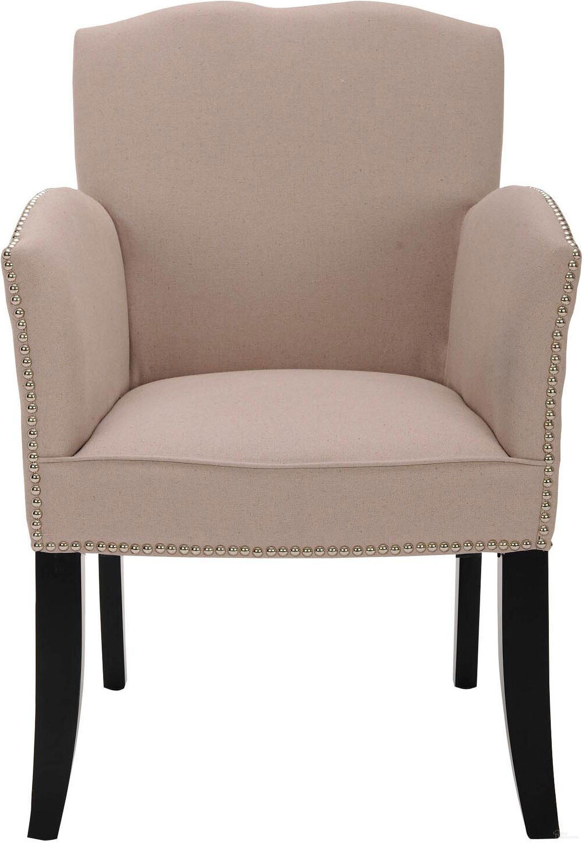 The appearance of Rachel Arm Chair with Silver Nail Head in Taupe designed by Safavieh in the modern / contemporary interior design. This taupe piece of furniture was selected by 1StopBedrooms from Rachel Collection to add a touch of cosiness and style into your home. Sku: MCR4539A. Material: Wood.
