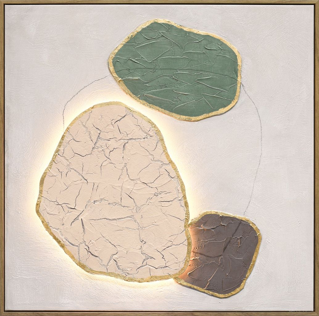 Radiant Earthen Forms I - 32" x 32" - Hand-Painted LED Canvas In Ivory and Sage