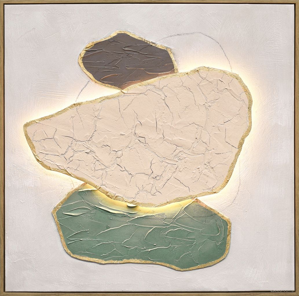 Radiant Earthen Forms II - 32" x 32" - Hand-Painted LED Canvas In Ivory and Sage