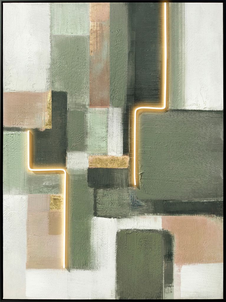 Radiant Luminous Grid I - 47" x 35" - Hand-Embellished LED Canvas In Ivory and Sage
