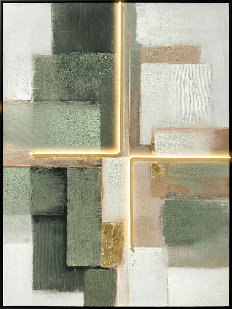 Radiant Luminous Grid II - 47" x 35" - Hand-Embellished LED Canvas In Ivory and Sage