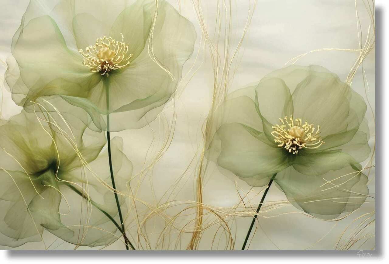 Radiant Whispy Floral Art Frameless Tempered Glass Wall Art In Green