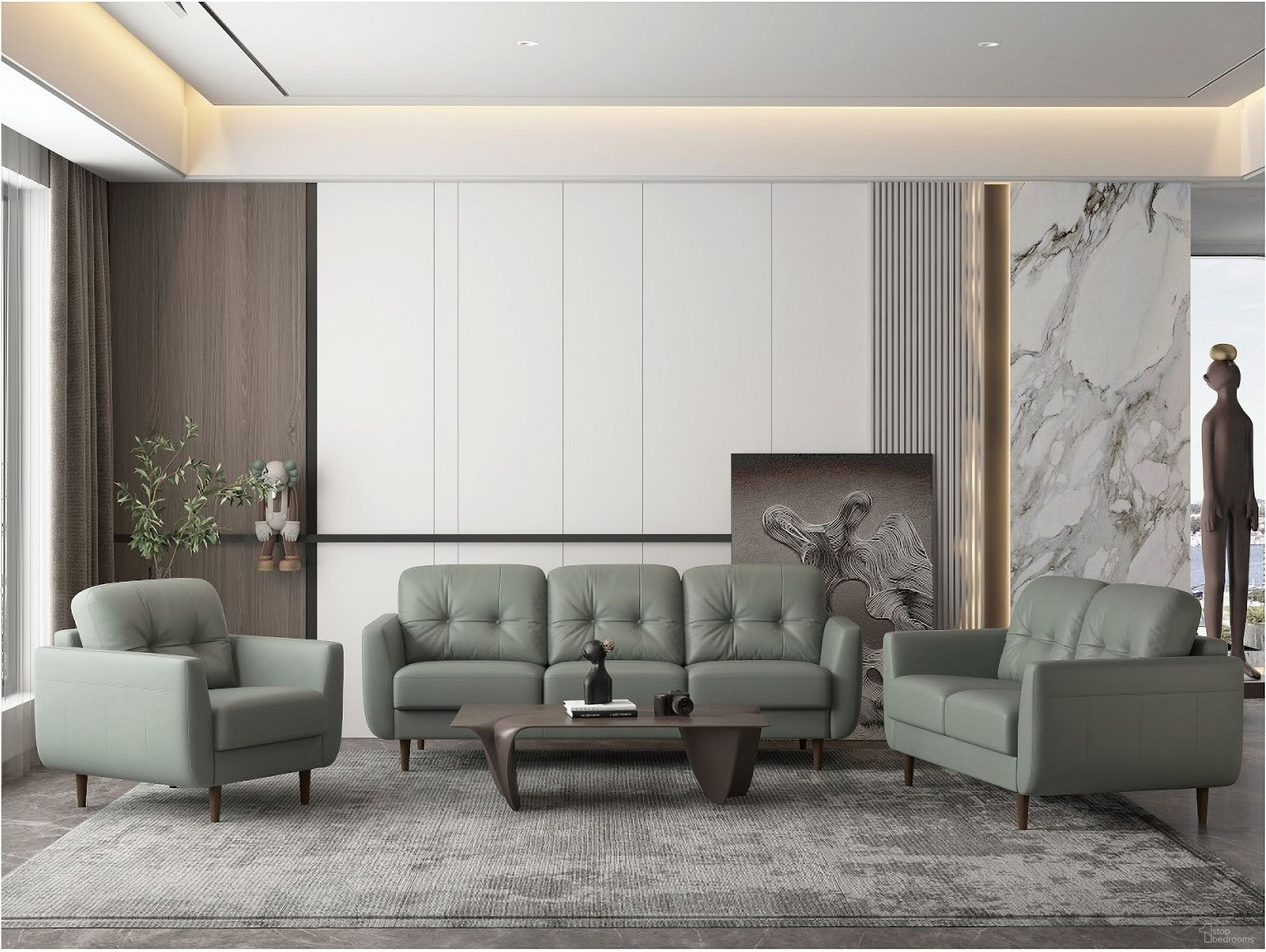 The appearance of Radwan Living Room Set In Pesto Green designed by ACME in the modern / contemporary interior design. This green piece of furniture  was selected by 1StopBedrooms from Radwan Collection to add a touch of cosiness and style into your home. Sku: 54960;54961. Material: Leather.