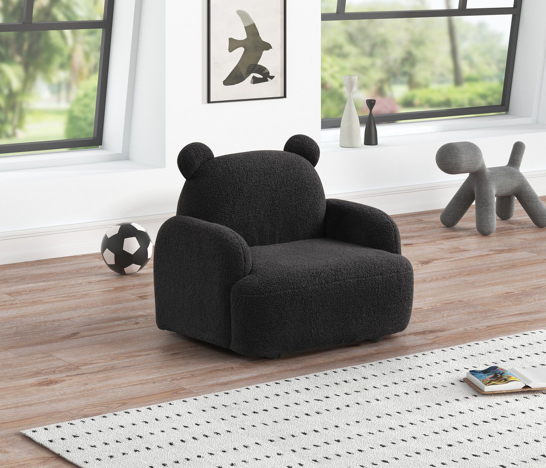 The appearance of Raelynn 25.5 Inch Teddy Velvet Bear Shaped Kids Armchair In Black designed by Lilola Home in the modern / contemporary interior design. This black piece of furniture was selected by 1StopBedrooms from Raelynn Collection to add a touch of cosiness and style into your home. Sku: 88837. Material: Wood.