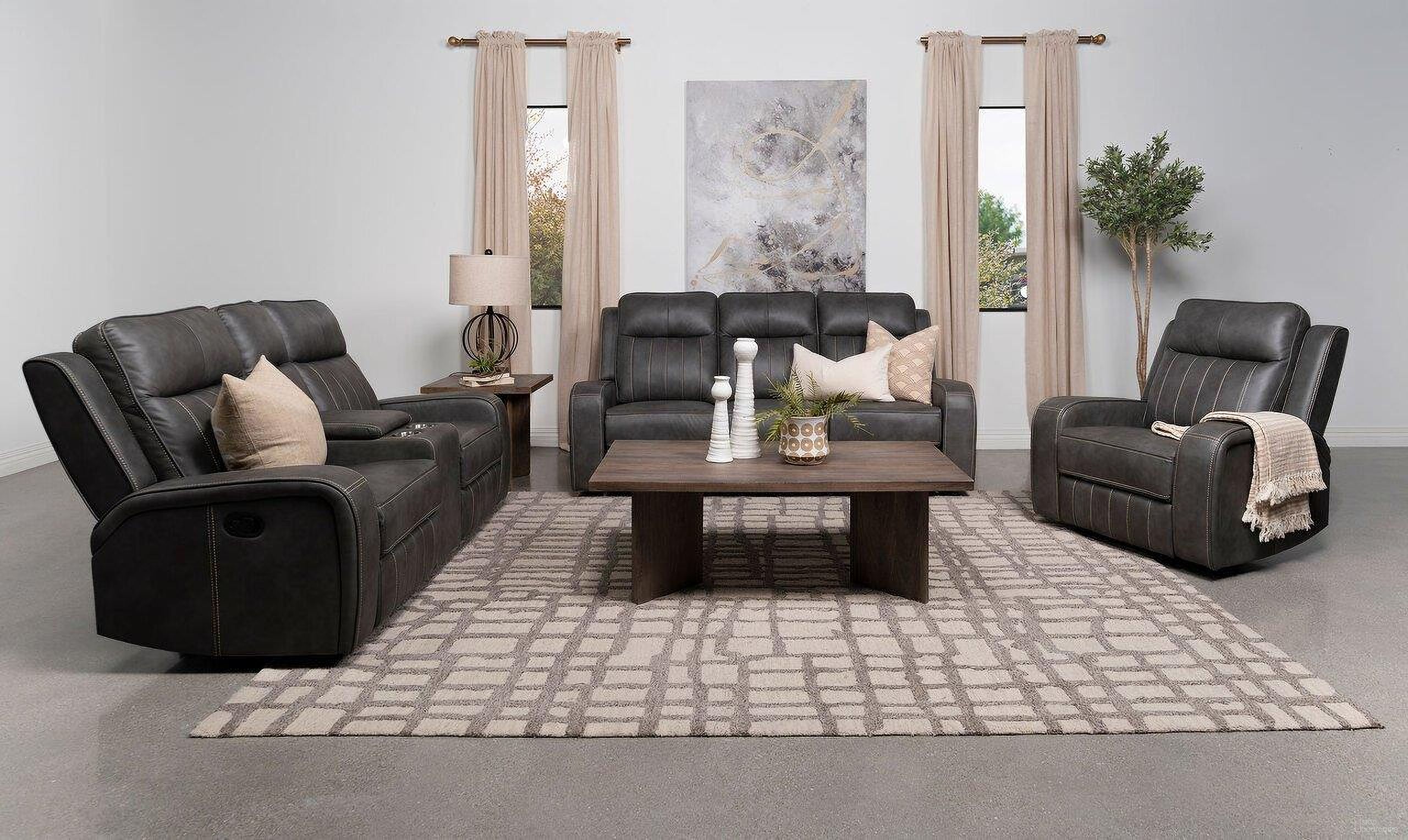 The appearance of Raelynn Living Room Set In Grey designed by Coaster in the transitional interior design. This grey piece of furniture was selected by 1StopBedrooms from Raelynn Collection to add a touch of cosiness and style into your home. Sku: 603191;603192. Material: Upholstered.