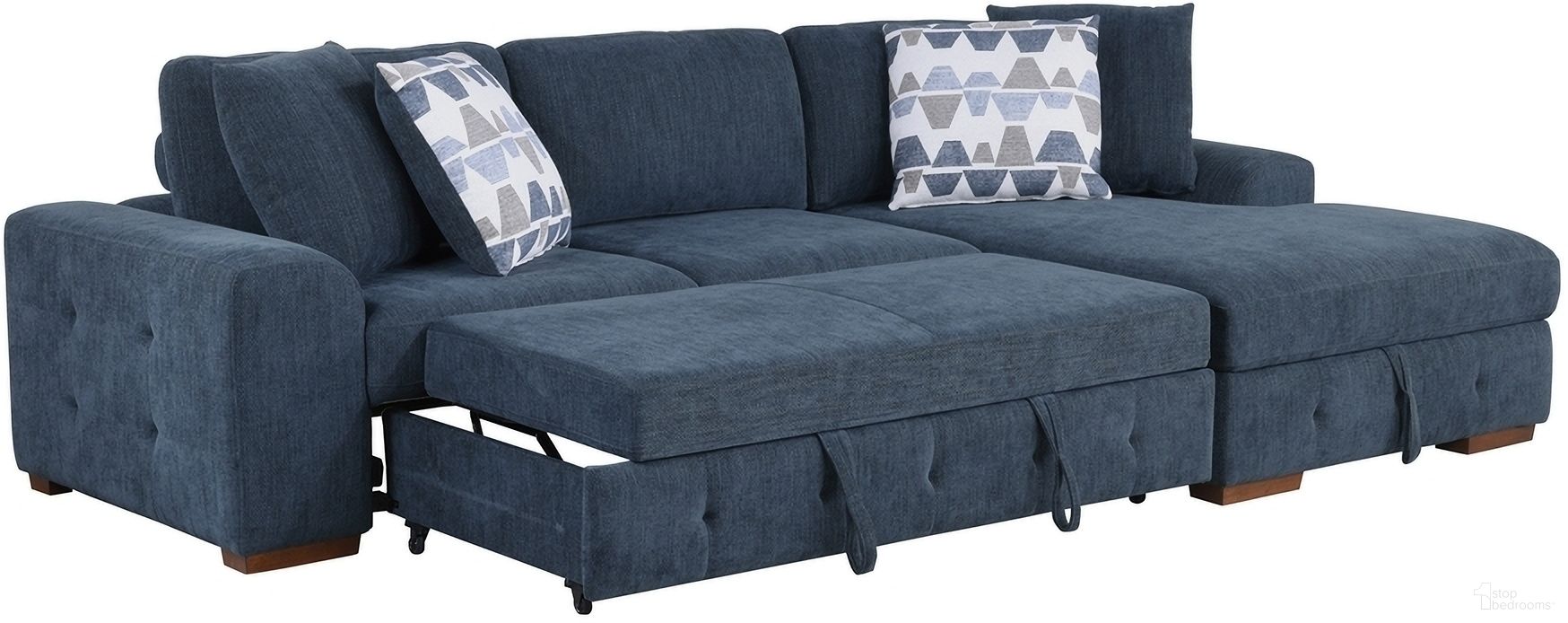 The appearance of Raife 2-Piece Sectional with Right Chaise In Blue designed by Homelegance in the modern / contemporary interior design. This blue piece of furniture  was selected by 1StopBedrooms from Raife Collection to add a touch of cosiness and style into your home. Sku: 9624BU-2L;9624BU-RC. Material: Chenille.