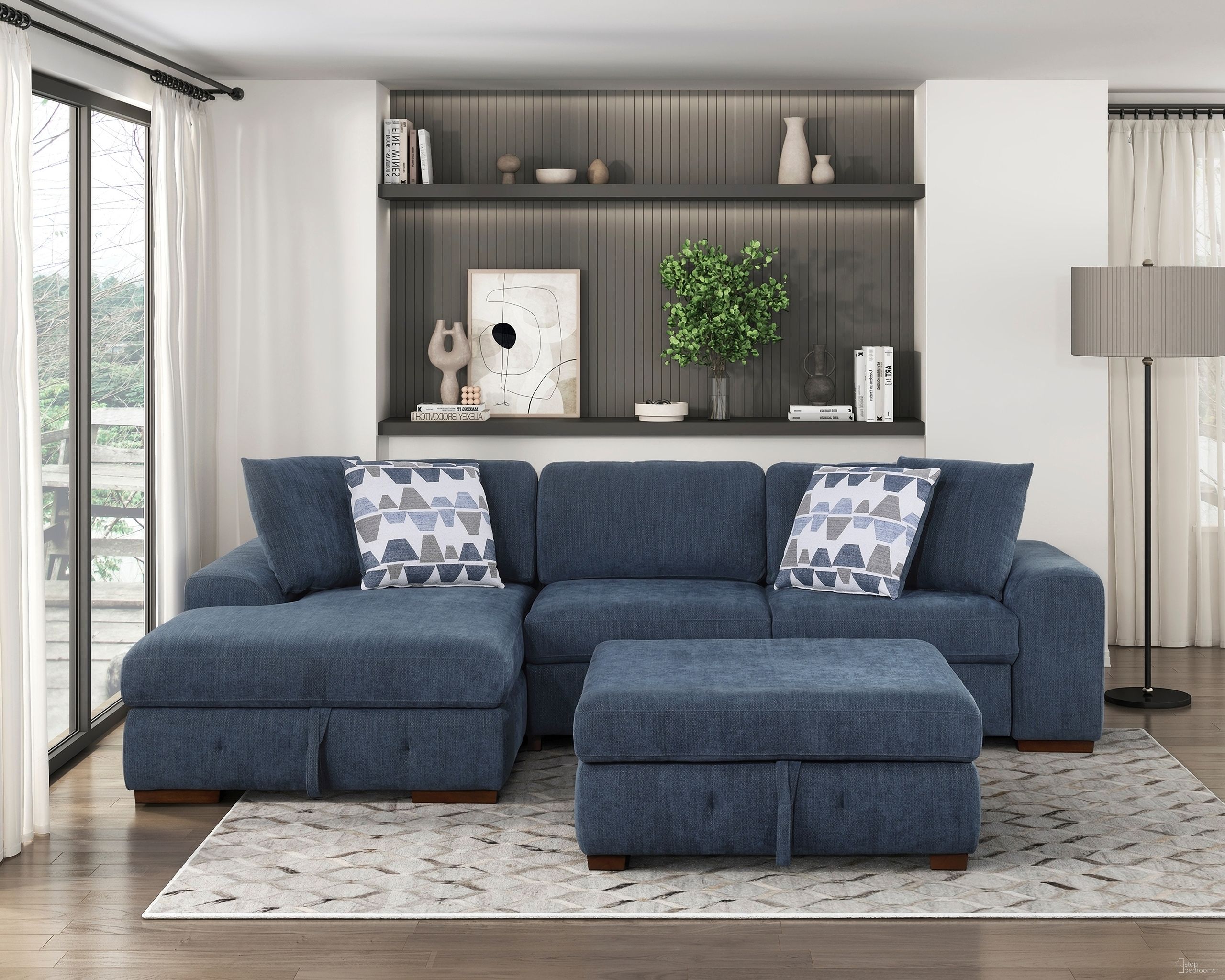 The appearance of Raife 3-Piece Sectional with Left Chaise and Ottoman In Blue designed by Homelegance in the modern / contemporary interior design. This blue piece of furniture was selected by 1StopBedrooms from Raife Collection to add a touch of cosiness and style into your home. Sku: 9624BU-LC;9624BU-2R;9624BU-4. Material: Chenille. Layout: LAF.