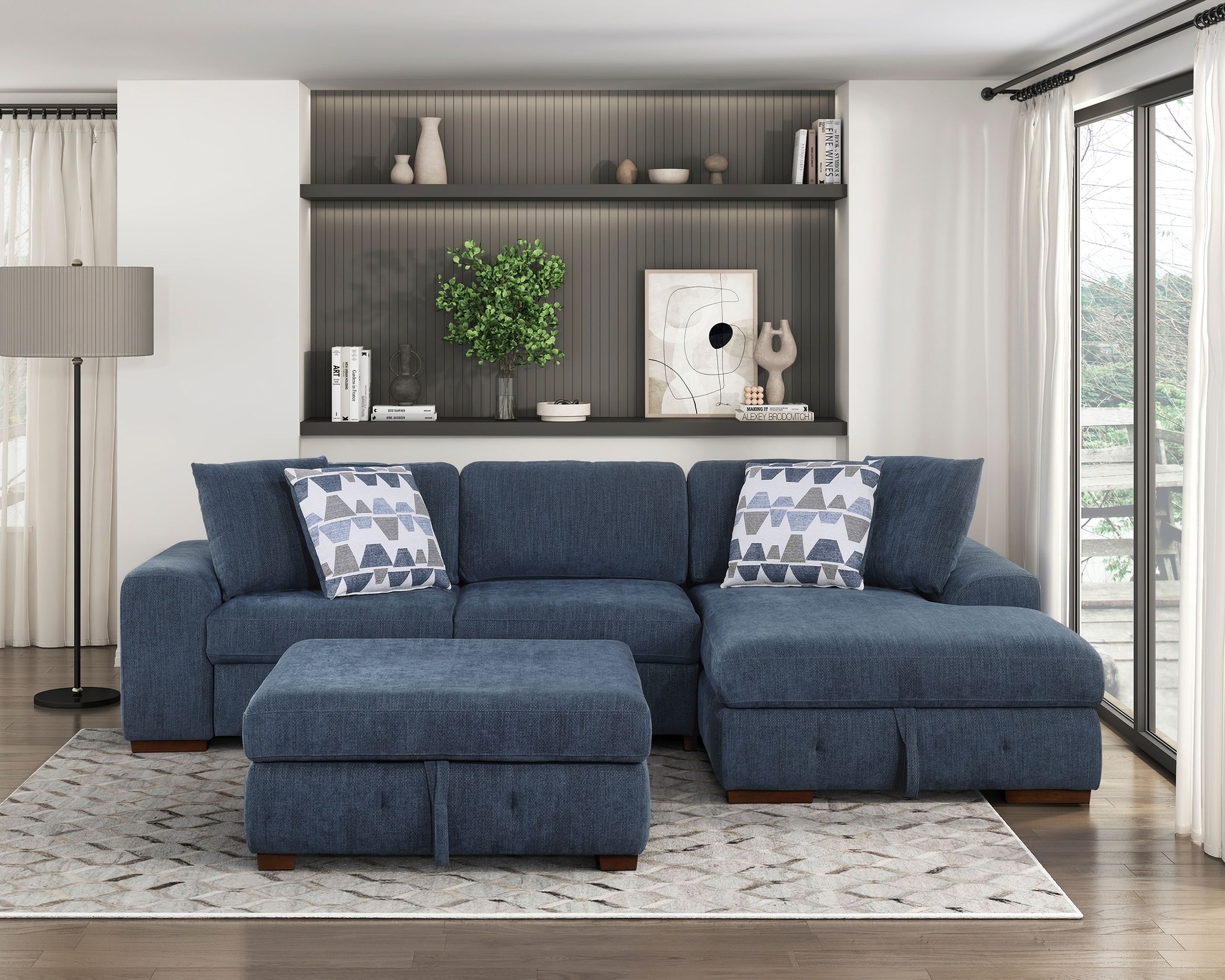 The appearance of Raife 3-Piece Sectional with Right Chaise and Ottoman In Blue designed by Homelegance in the modern / contemporary interior design. This blue piece of furniture  was selected by 1StopBedrooms from Raife Collection to add a touch of cosiness and style into your home. Sku: 9624BU-2L;9624BU-RC;9624BU-4. Material: Chenille.