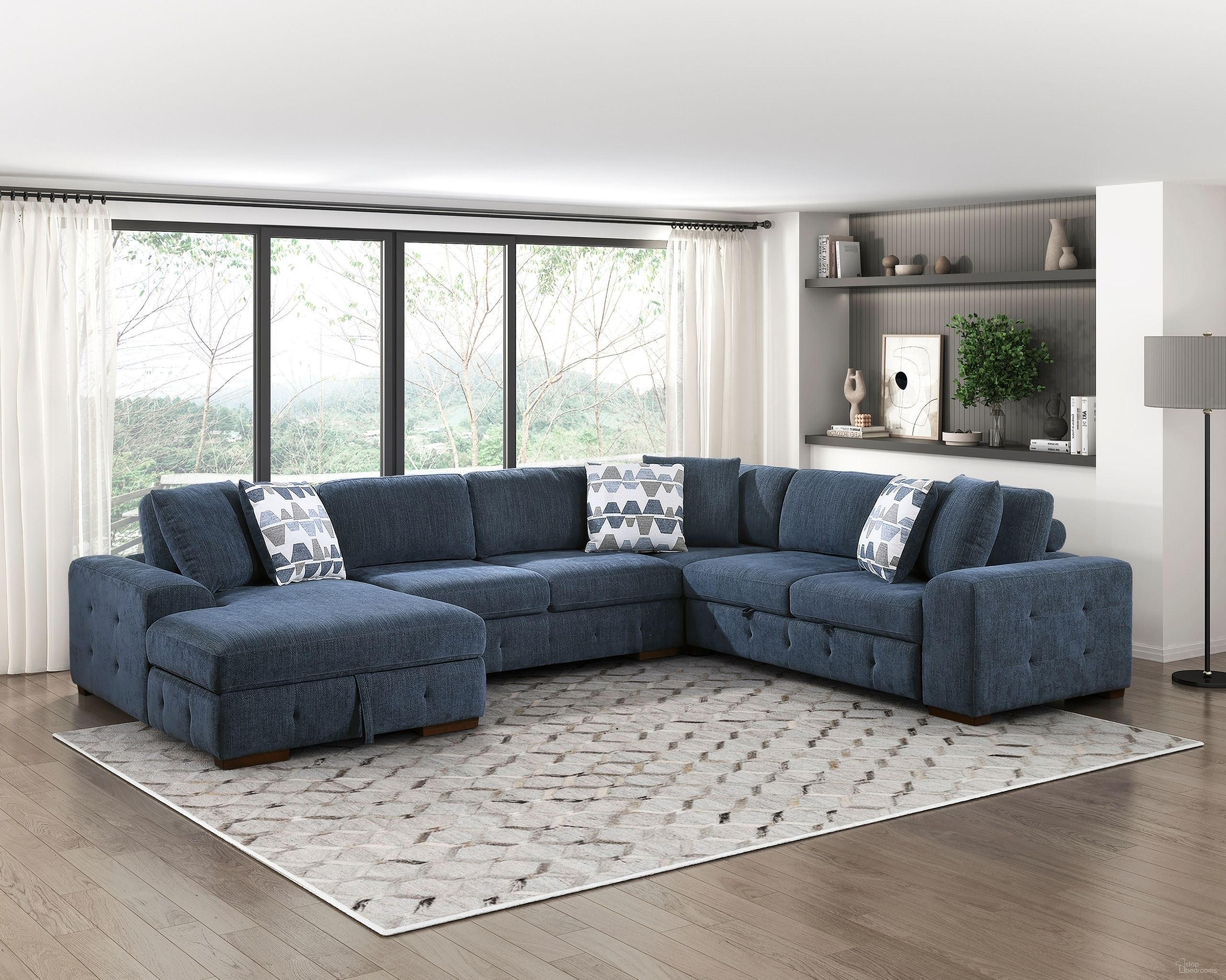 The appearance of Raife 4-Piece Sectional with Left Chaise In Blue designed by Homelegance in the modern / contemporary interior design. This blue piece of furniture  was selected by 1StopBedrooms from Raife Collection to add a touch of cosiness and style into your home. Sku: 9624BU-2R;9624BU-LC;9624BU-2A;9624BU-CR. Material: Chenille.