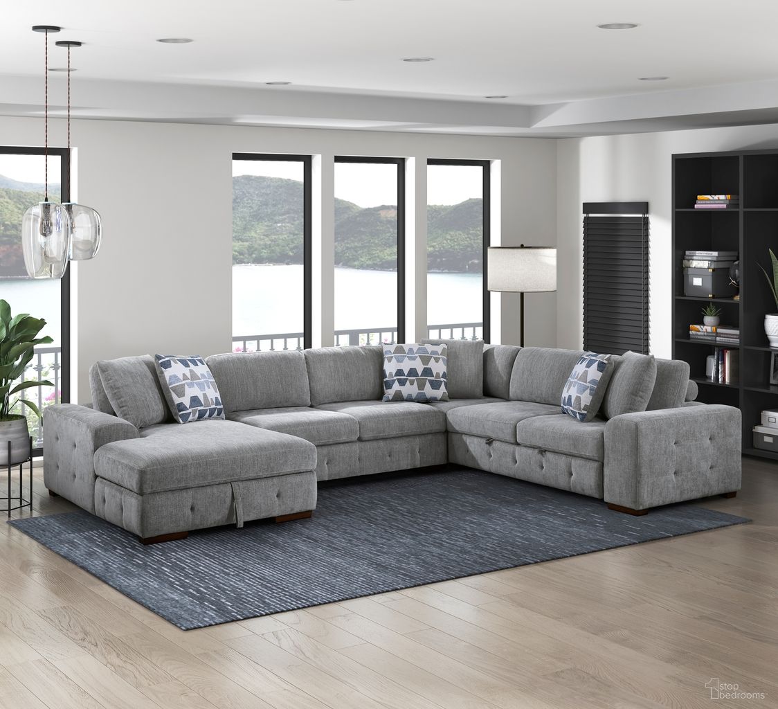 The appearance of Raife 4-Piece Sectional with Left Chaise In Gray designed by Homelegance in the modern / contemporary interior design. This gray piece of furniture  was selected by 1StopBedrooms from Raife Collection to add a touch of cosiness and style into your home. Sku: 9624GY-2R;9624GY-LC;9624GY-2A;9624GY-CR. Material: Chenille.
