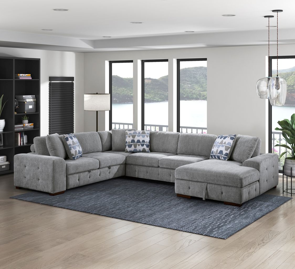 The appearance of Raife 4-Piece Sectional with Right Chaise In Gray designed by Homelegance in the modern / contemporary interior design. This gray piece of furniture  was selected by 1StopBedrooms from Raife Collection to add a touch of cosiness and style into your home. Sku: 9624GY-2L;9624GY-2A;9624GY-CR;9624GY-RC. Material: Chenille.