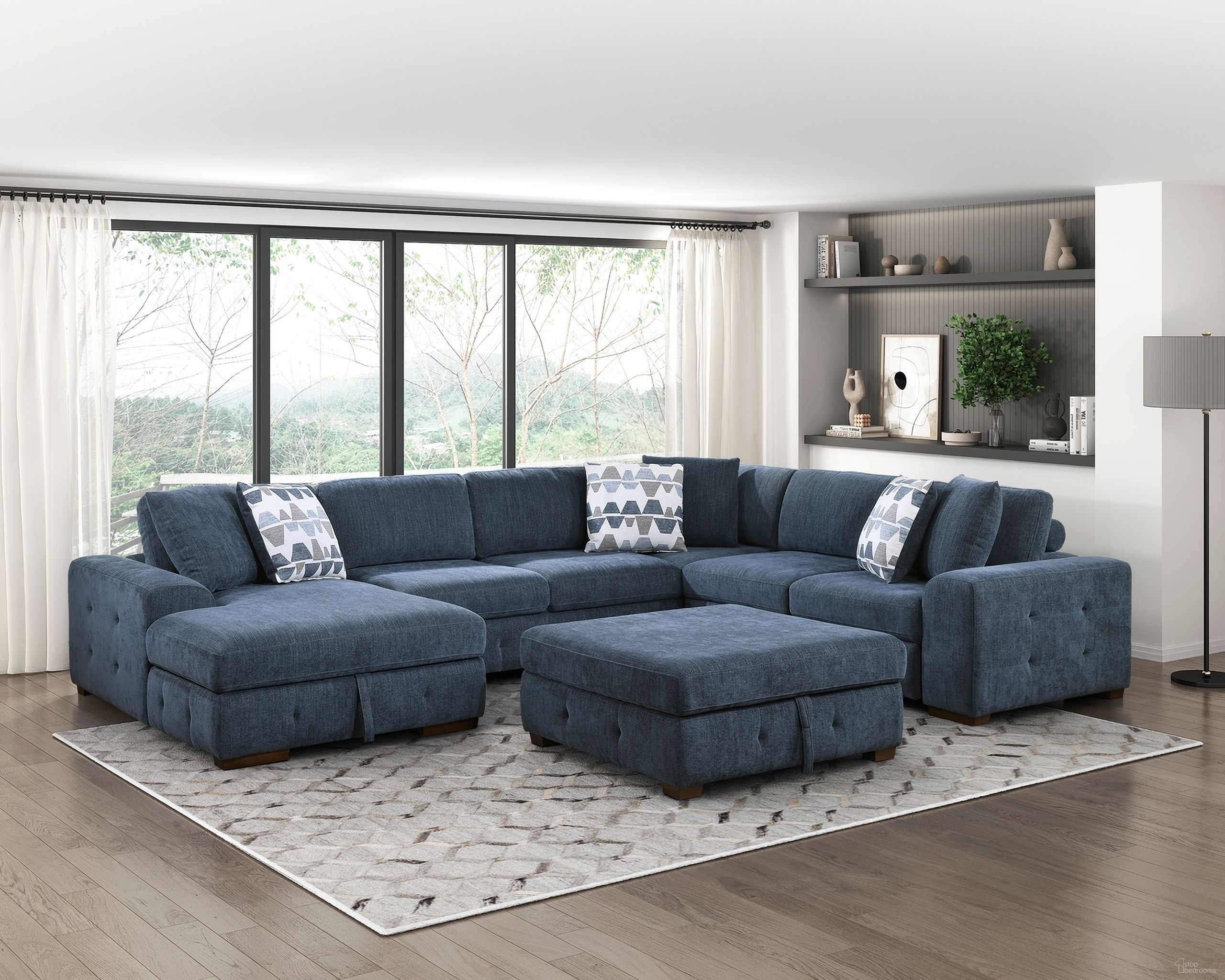 The appearance of Raife 5-Piece Sectional with Left Chaise and Storage Ottoman In Blue designed by Homelegance in the modern / contemporary interior design. This blue piece of furniture was selected by 1StopBedrooms from Raife Collection to add a touch of cosiness and style into your home. Sku: 9624BU-2R;9624BU-LC;9624BU-2A;9624BU-CR;9624BU-4. Material: Chenille.