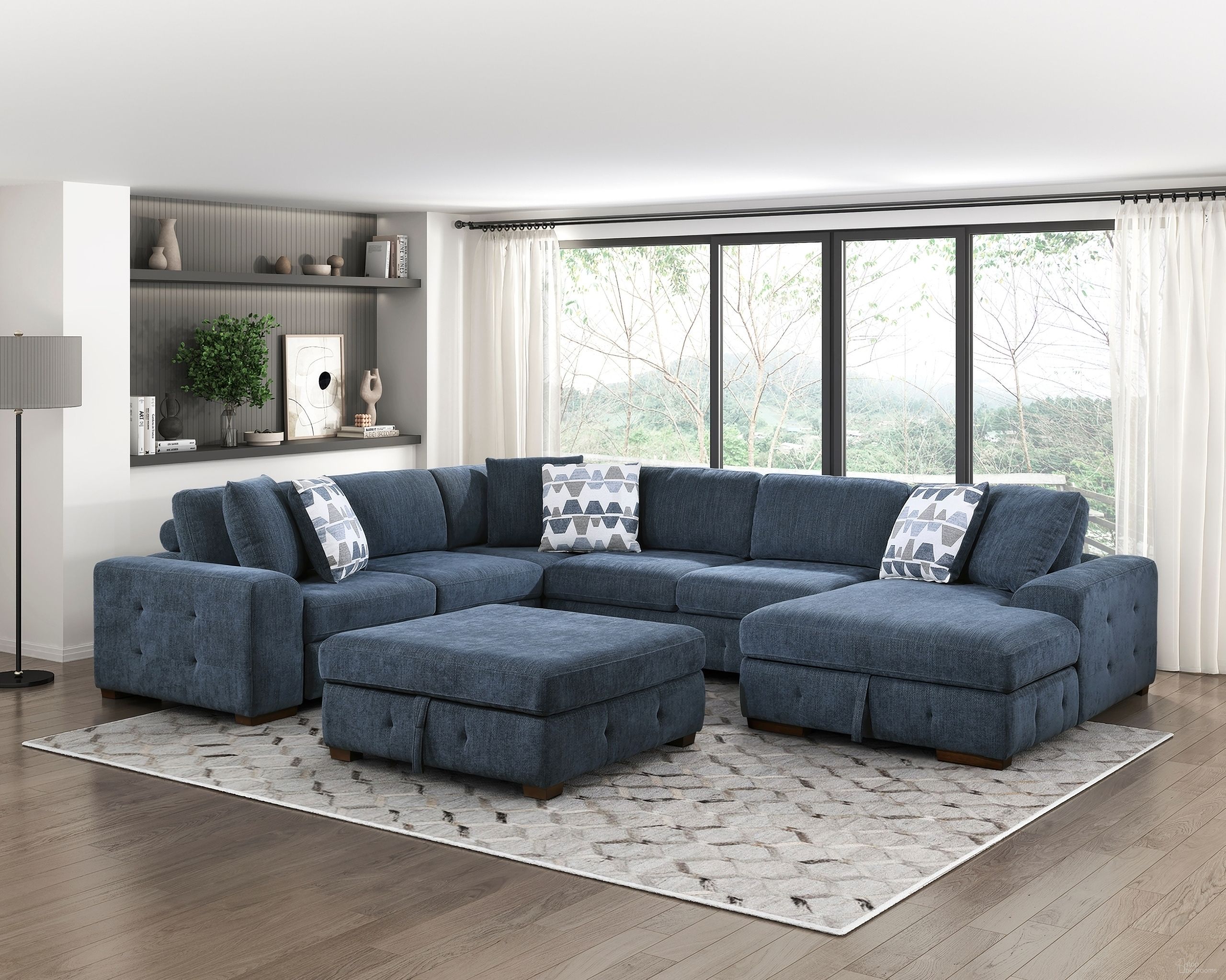 The appearance of Raife 5-Piece Sectional with Right Chaise and Storage Ottoman In Blue designed by Homelegance in the modern / contemporary interior design. This blue piece of furniture  was selected by 1StopBedrooms from Raife Collection to add a touch of cosiness and style into your home. Sku: 9624BU-2L;9624BU-2A;9624BU-CR;9624BU-RC;9624BU-4. Material: Chenille.
