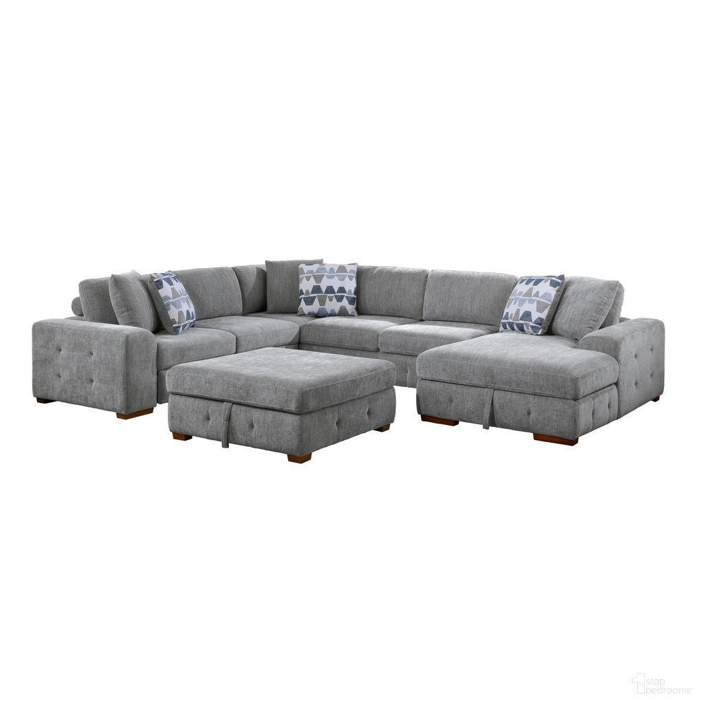 The appearance of Raife 5-Piece Sectional with Right Chaise and Storage Ottoman In Gray designed by Homelegance in the modern / contemporary interior design. This gray piece of furniture was selected by 1StopBedrooms from Raife Collection to add a touch of cosiness and style into your home. Sku: 9624GY-2L;9624GY-2A;9624GY-CR;9624GY-RC;9624GY-4. Material: Chenille.