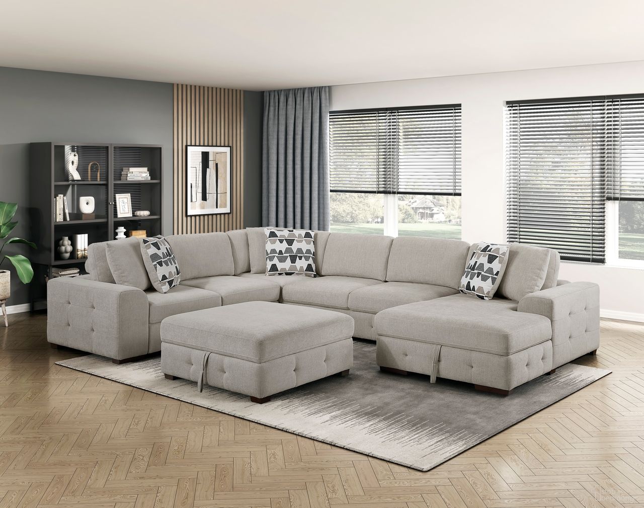 The appearance of Raife 5-Piece Sectional with Right Chaise and Storage Ottoman In Taupe designed by Homelegance in the modern / contemporary interior design. This taupe piece of furniture was selected by 1StopBedrooms from Raife Collection to add a touch of cosiness and style into your home. Sku: 9624TP-2L;9624TP-2A;9624TP-CR;9624TP-RC;9624TP-4. Material: Chenille.