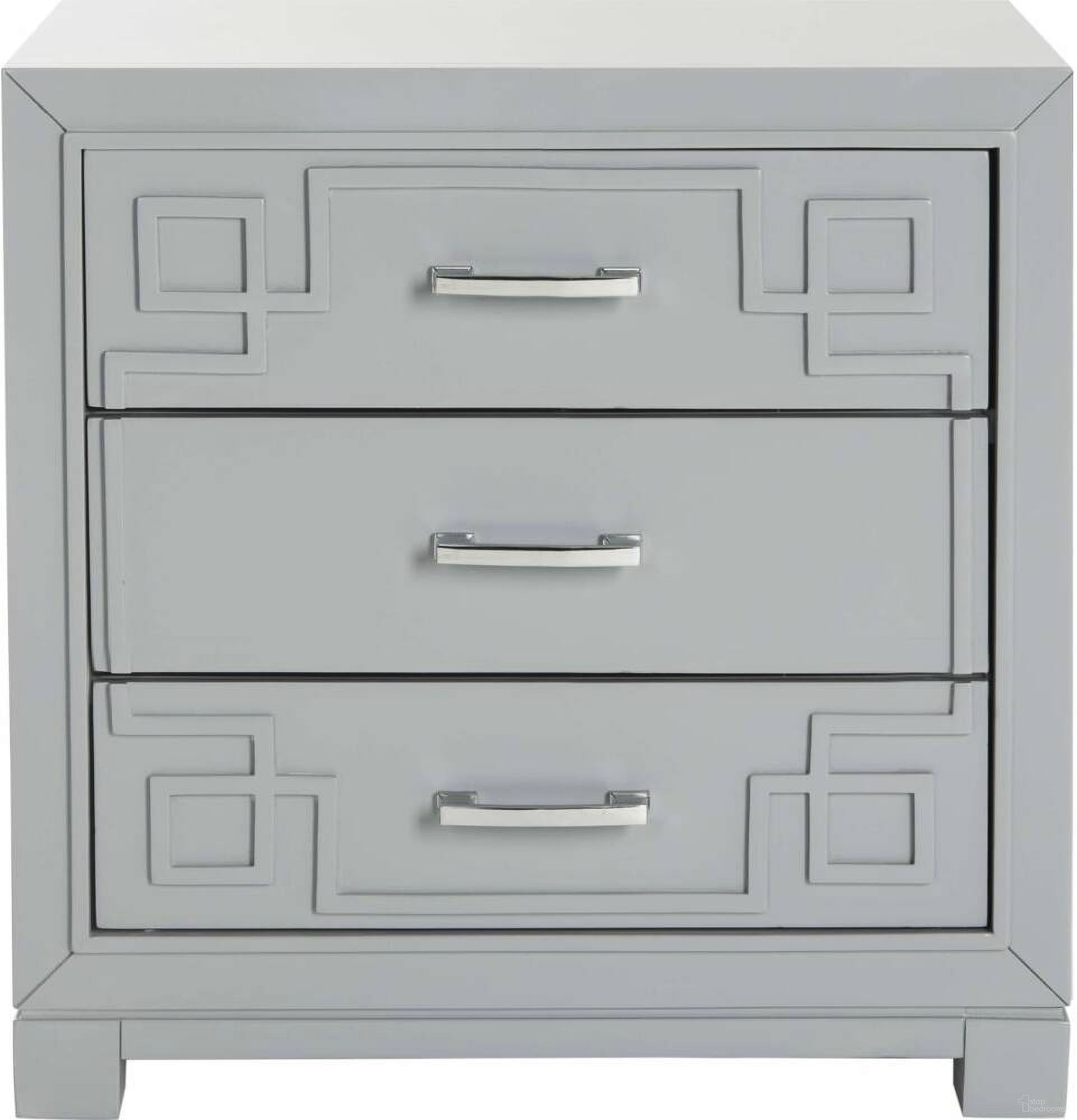 The appearance of Raina Grey 3-Drawer Greek Key Nightstand designed by Safavieh in the modern / contemporary interior design. This grey piece of furniture was selected by 1StopBedrooms from Streep Collection to add a touch of cosiness and style into your home. Sku: FOX6278C. Material: Iron.