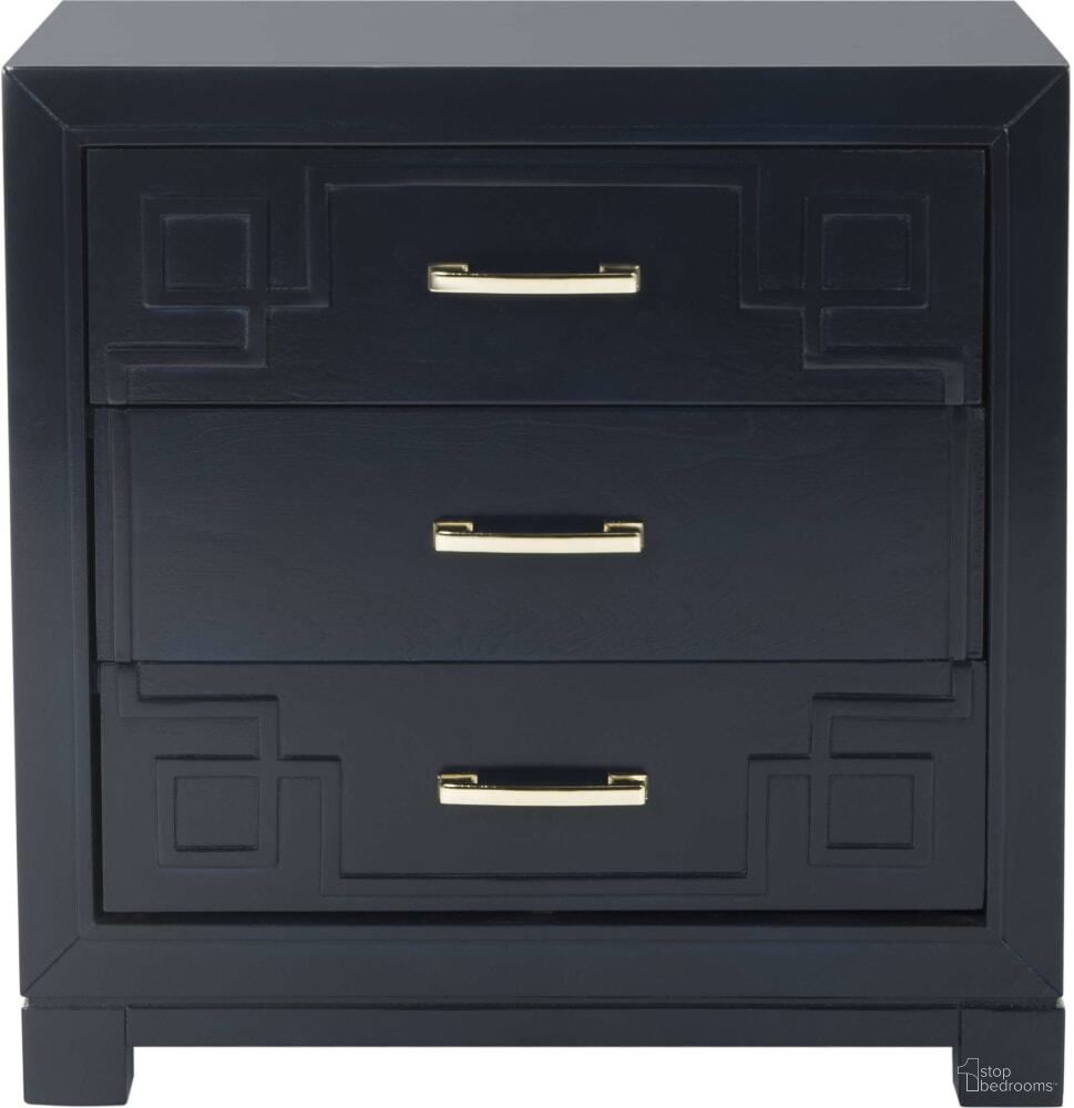 The appearance of Raina Navy 3-Drawer Greek Key Nightstand designed by Safavieh in the modern / contemporary interior design. This navy piece of furniture was selected by 1StopBedrooms from Streep Collection to add a touch of cosiness and style into your home. Sku: FOX6278D. Material: Iron.