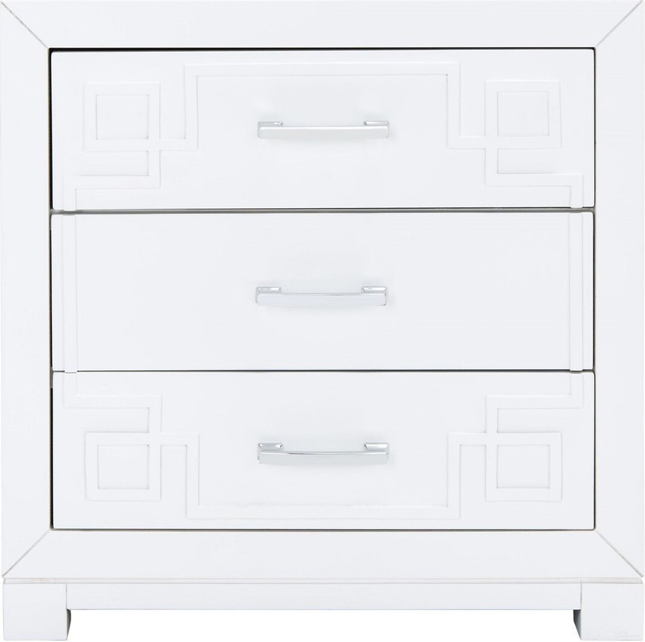 The appearance of Raina Three Drawer Greek Key Night Stand in White and Silver designed by Safavieh in the modern / contemporary interior design. This white/silver piece of furniture was selected by 1StopBedrooms from Raina Collection to add a touch of cosiness and style into your home. Sku: FOX6278F. Material: Wood.