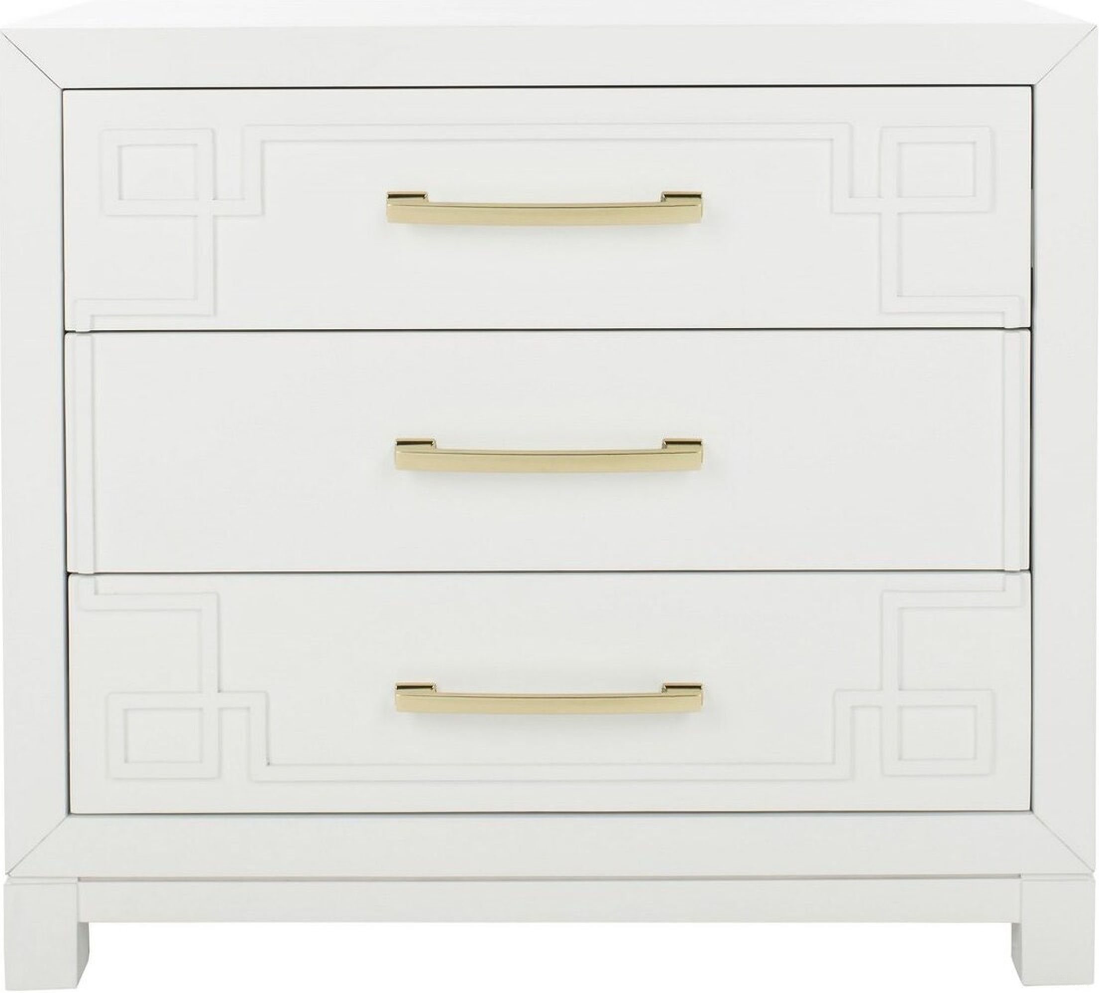 The appearance of Raina White/Gold 3 Drawer Chest designed by Safavieh in the modern / contemporary interior design. This white and gold piece of furniture  was selected by 1StopBedrooms from Streep Collection to add a touch of cosiness and style into your home. Sku: CHS6412A. Material: Brass.