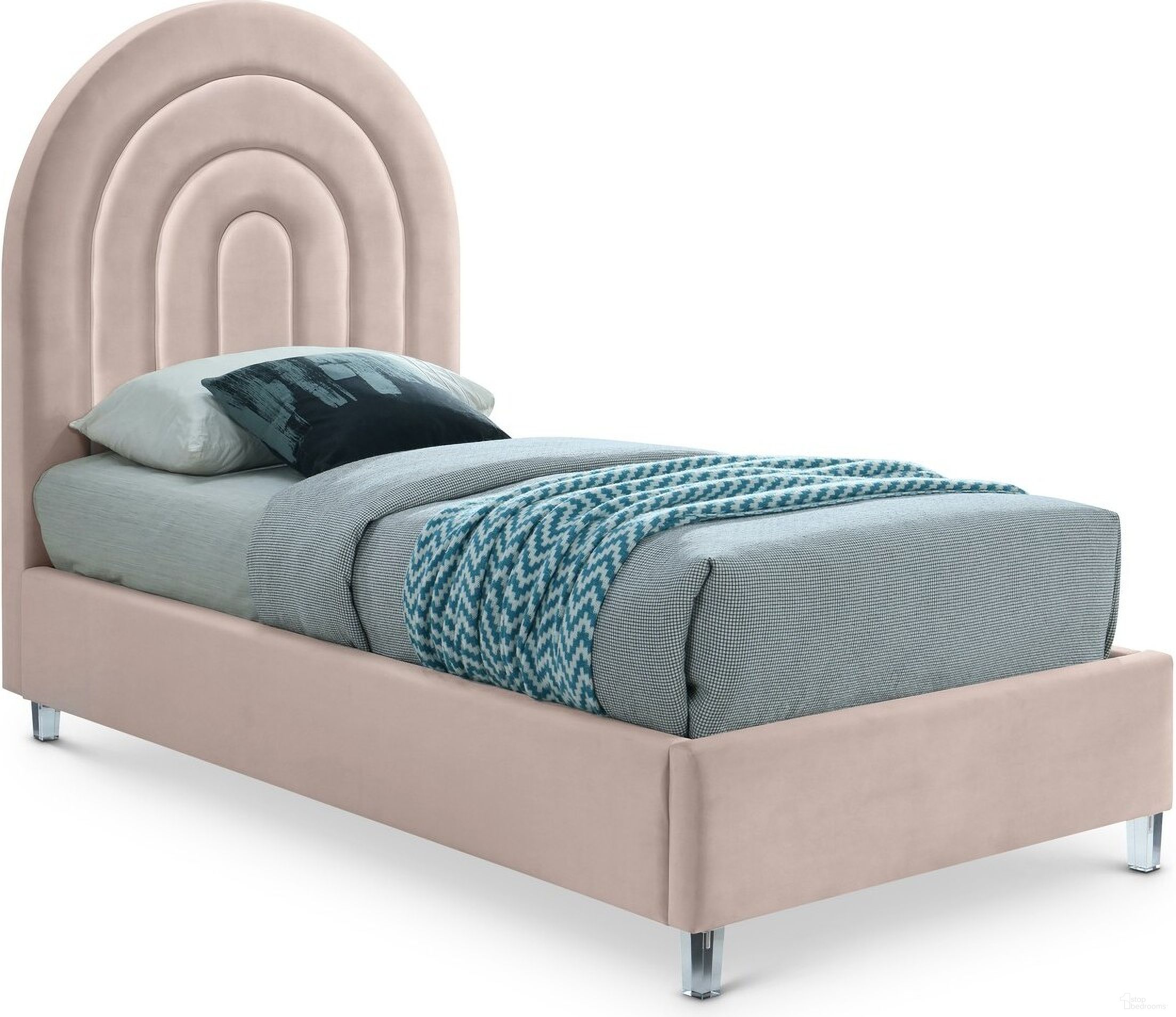 The appearance of Rainbow Velvet Twin Bed In Pink designed by Meridian in the modern / contemporary interior design. This pink piece of furniture  was selected by 1StopBedrooms from Rainbow Collection to add a touch of cosiness and style into your home. Sku: RainbowPink-T Box 1/2 (Headboard);RainbowPink-T Box 2/2 (FB / Rails / Slats). Bed Type: Panel Bed. Bed Size: Twin. Material: Velvet.